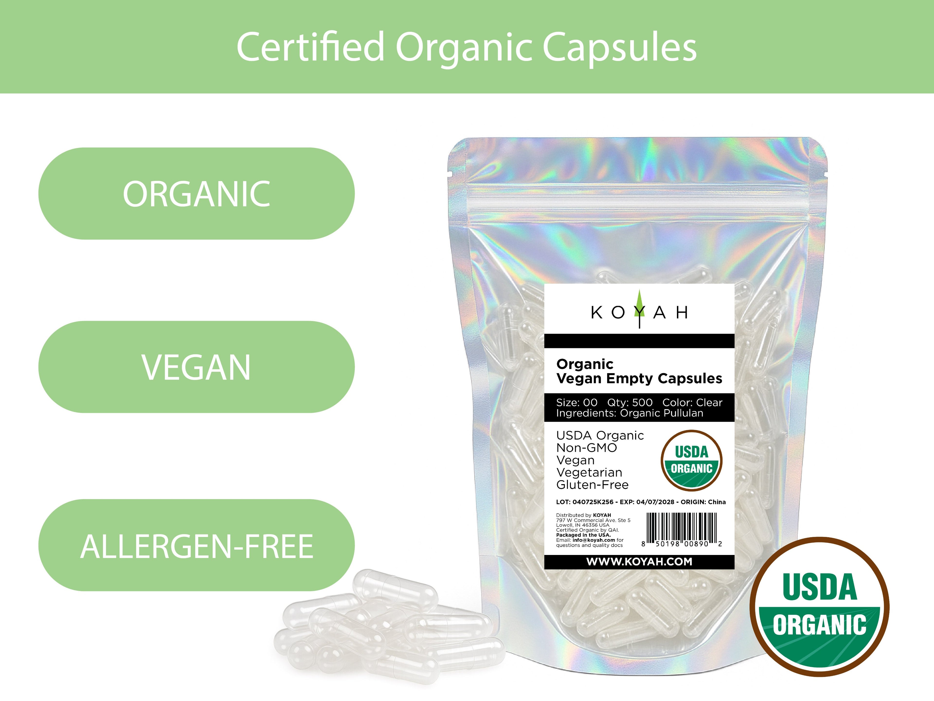 Certified Organic Empty Vegan Capsules: Size 00, 500 Count