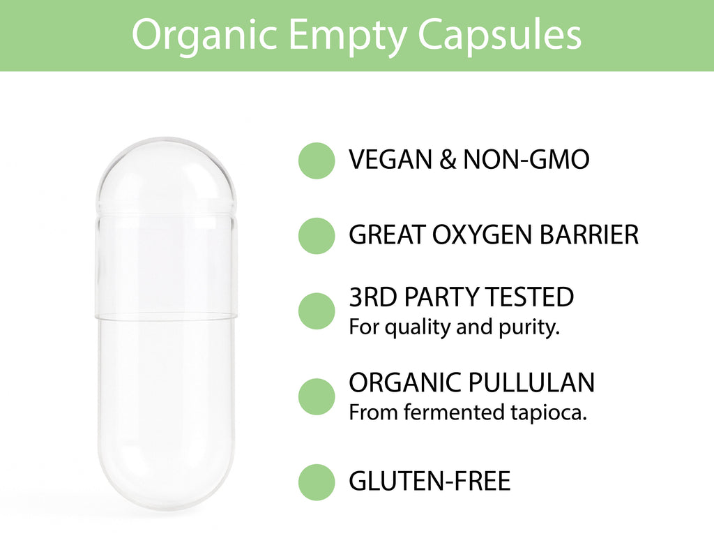 Certified Organic Empty Vegan Capsules: Size 00, 500 Count