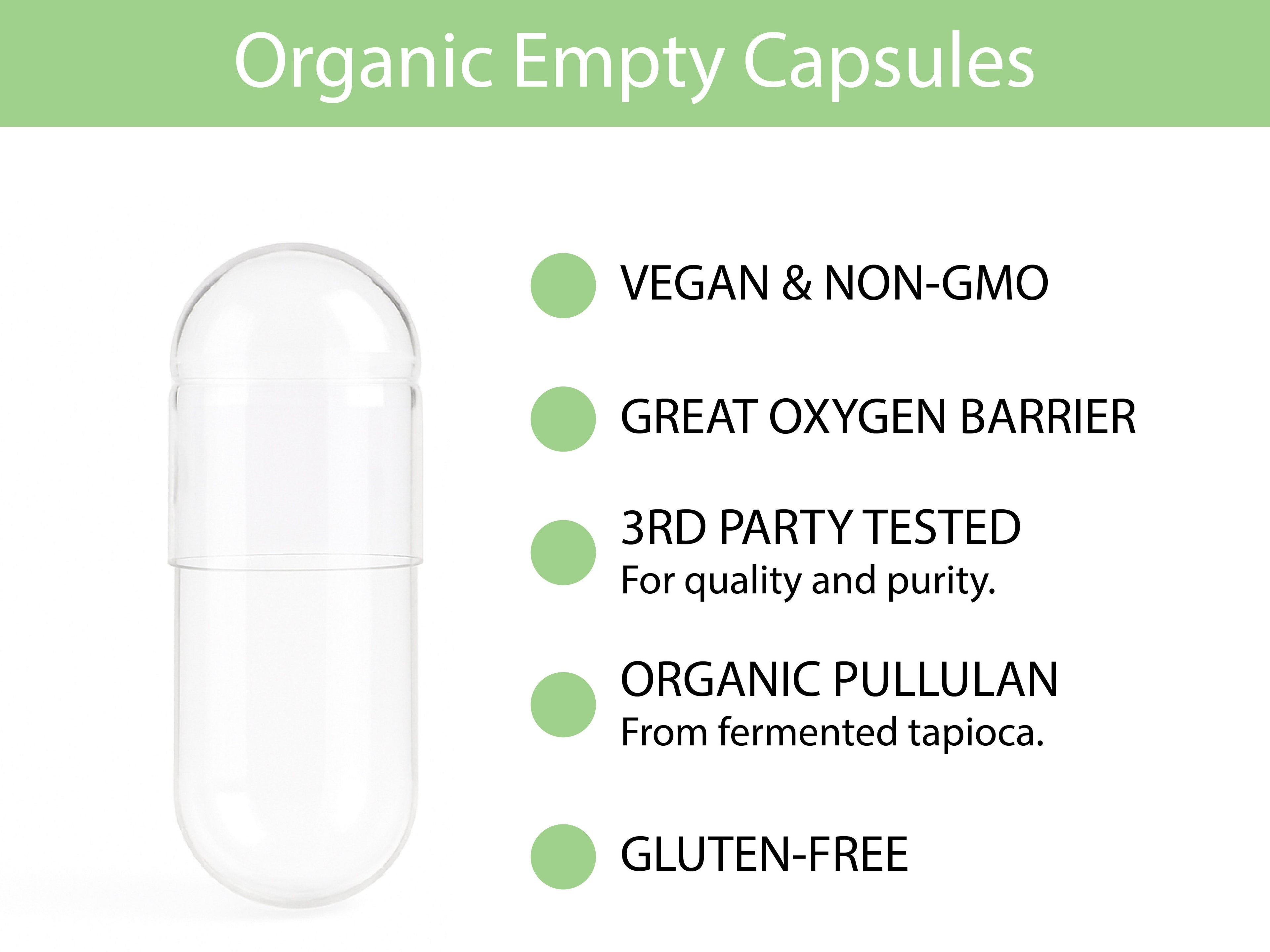 Certified Organic Empty Vegan Capsules: Size 00, 500 Count