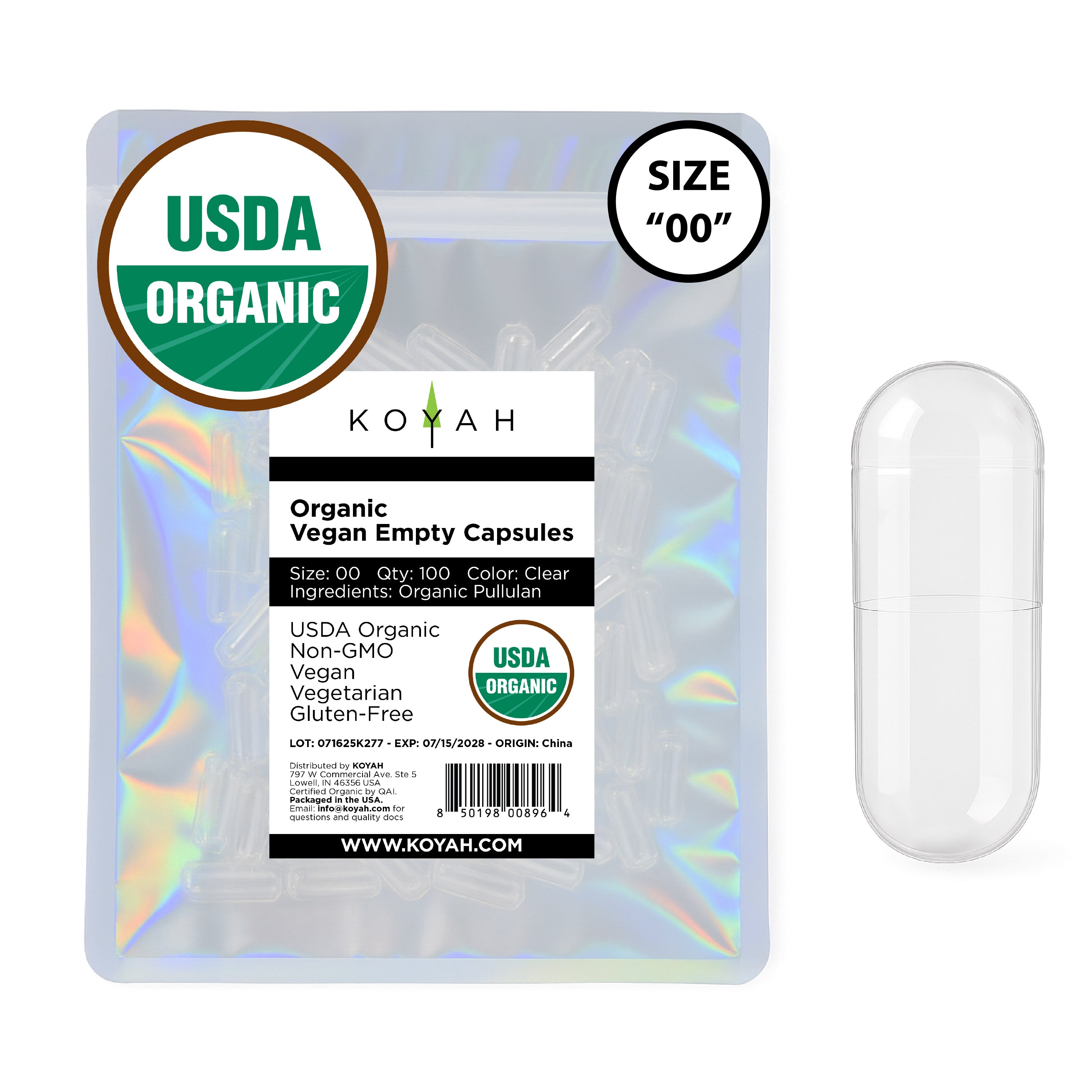 Certified Organic Empty Vegan Capsules: Size 00, 500 Count