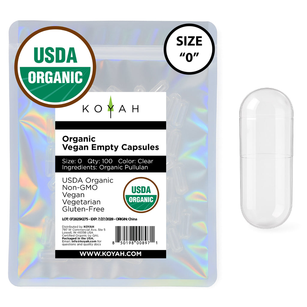 Certified Organic Empty Vegan Capsules: Size 00, 500 Count