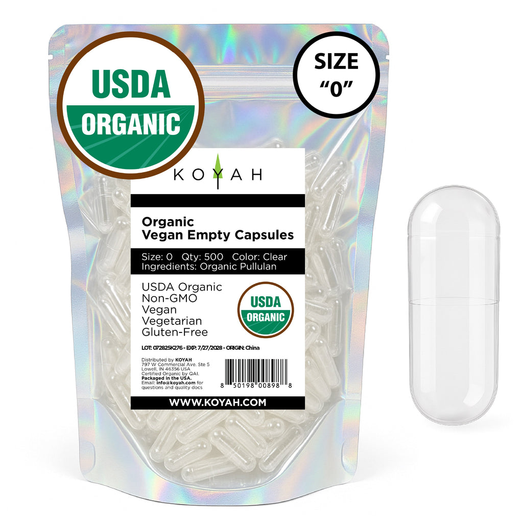 Certified Organic Empty Vegan Capsules: Size 00, 500 Count