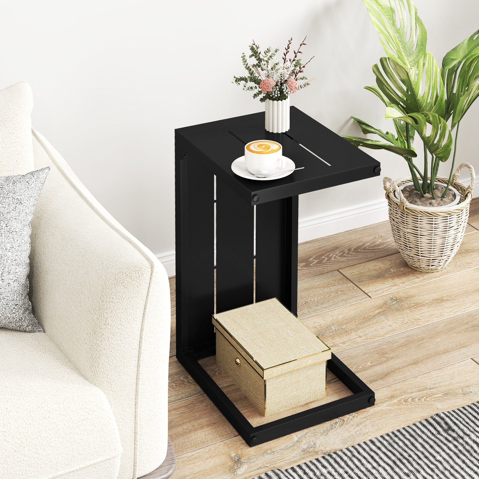 Set of 2 C-Shaped End Table with Adjustable Foot Pads for Indoors Outdoors-Black
