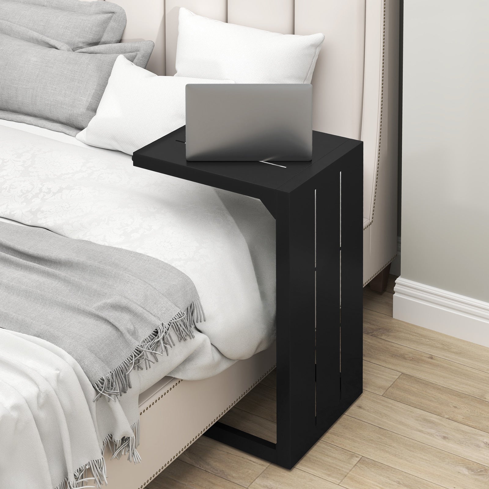Set of 2 C-Shaped End Table with Adjustable Foot Pads for Indoors Outdoors-Black