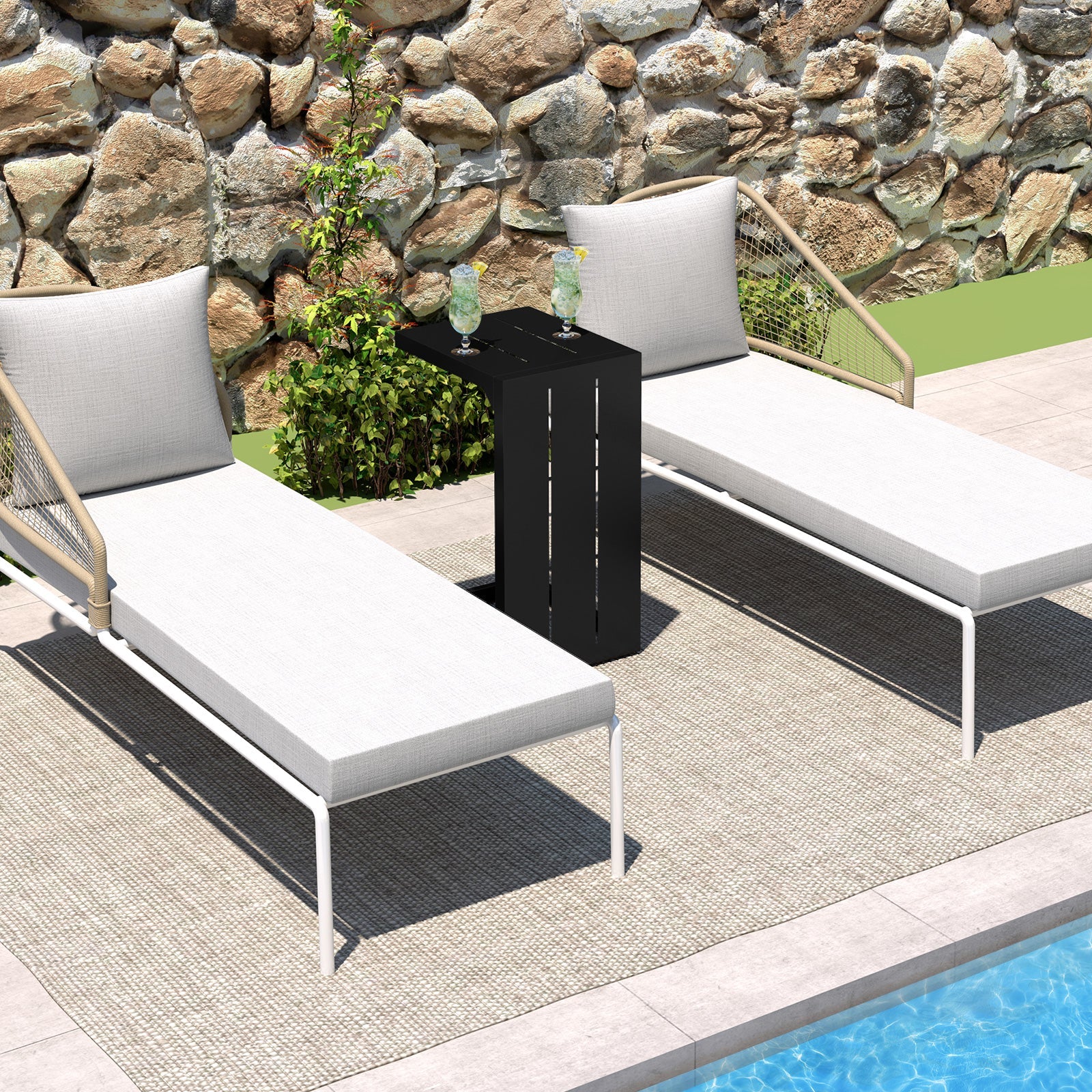 Set of 2 C-Shaped End Table with Adjustable Foot Pads for Indoors Outdoors-Black