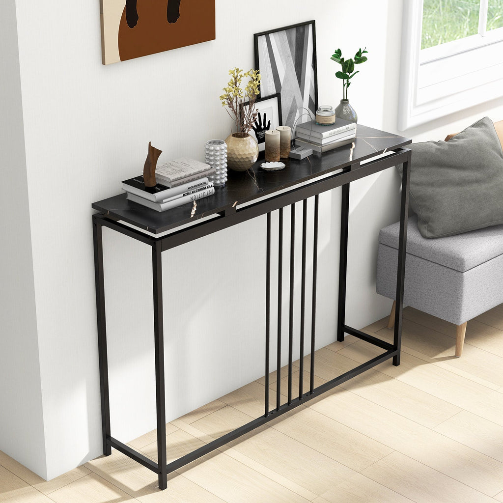 Entrance Couch Table with Narrow Faux Marble Top for Living Room and Hallway-Black