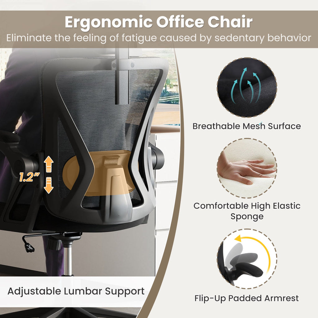 Ergonomic Mesh Office Chair with Adjustable Lumbar Support and Flip-up Armrests-Black