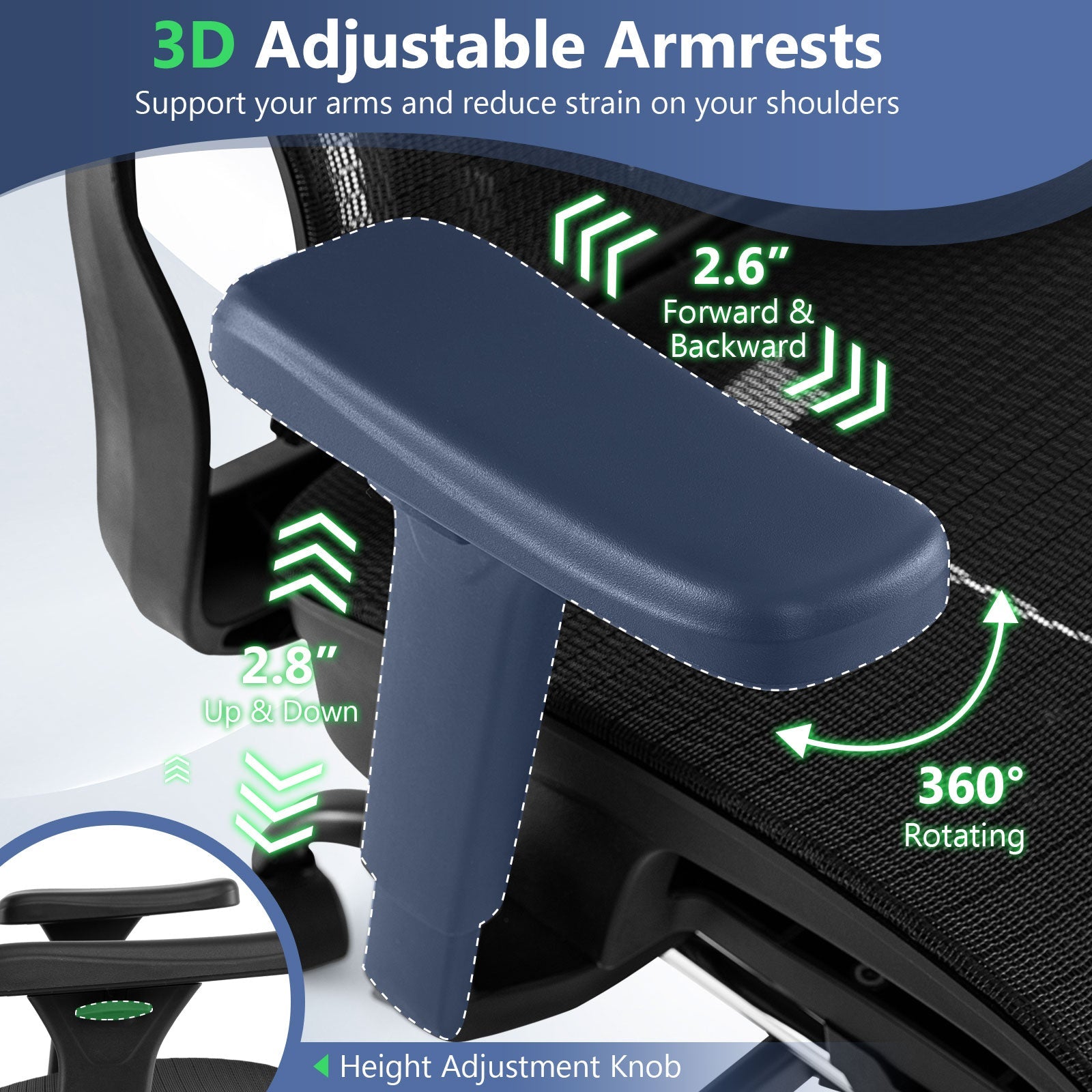 Ergonomic Office Chair Swivel Computer Desk Chair with Rotating Headrest-Black