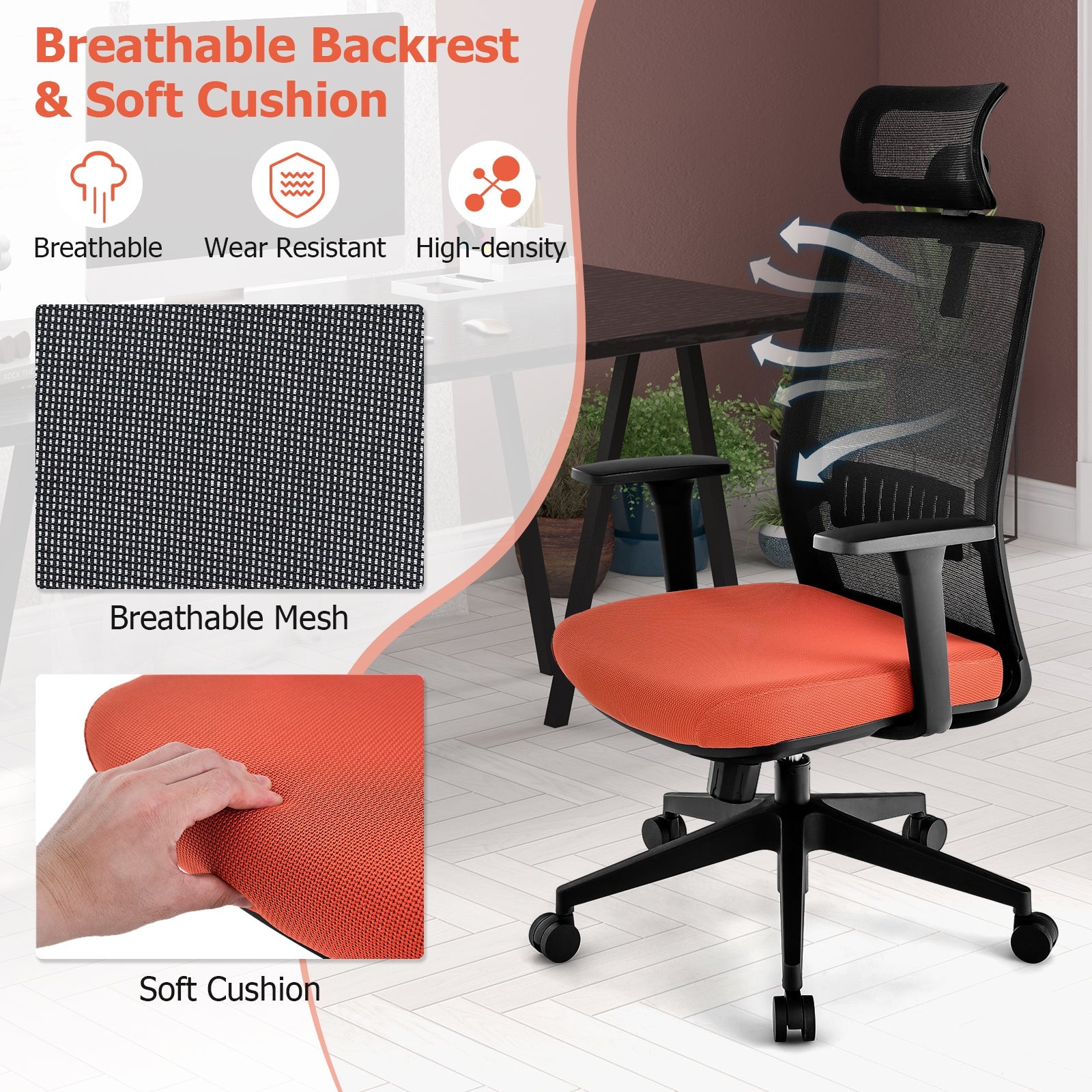 Ergonomic Office Chair with Lumbar Support and Adjustable Headrest-Black