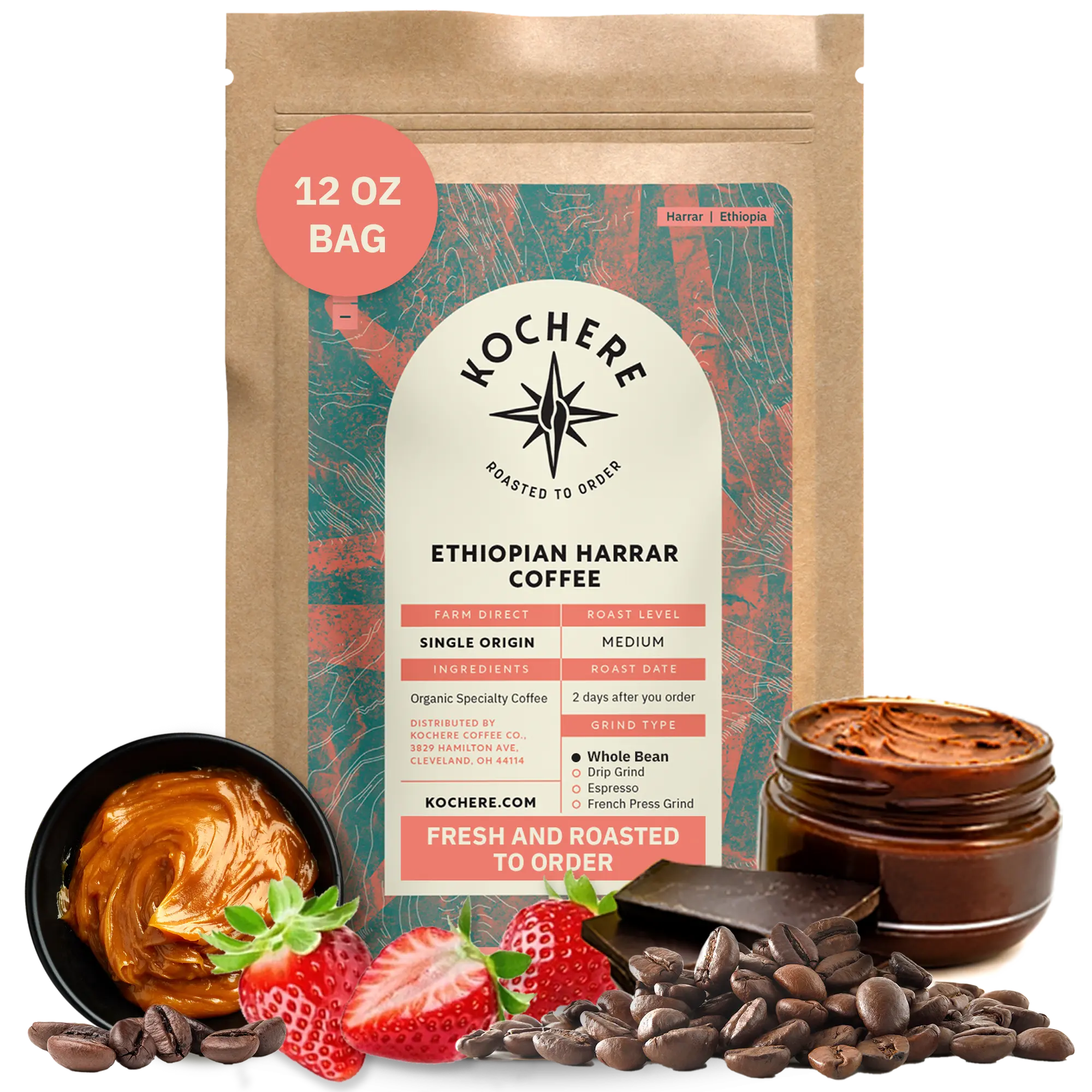 Kochere Coffee Ethiopian Harrar Coffee – Single Origin Natural Medium Roast - Fruity, Berry, Dark Chocolate Notes