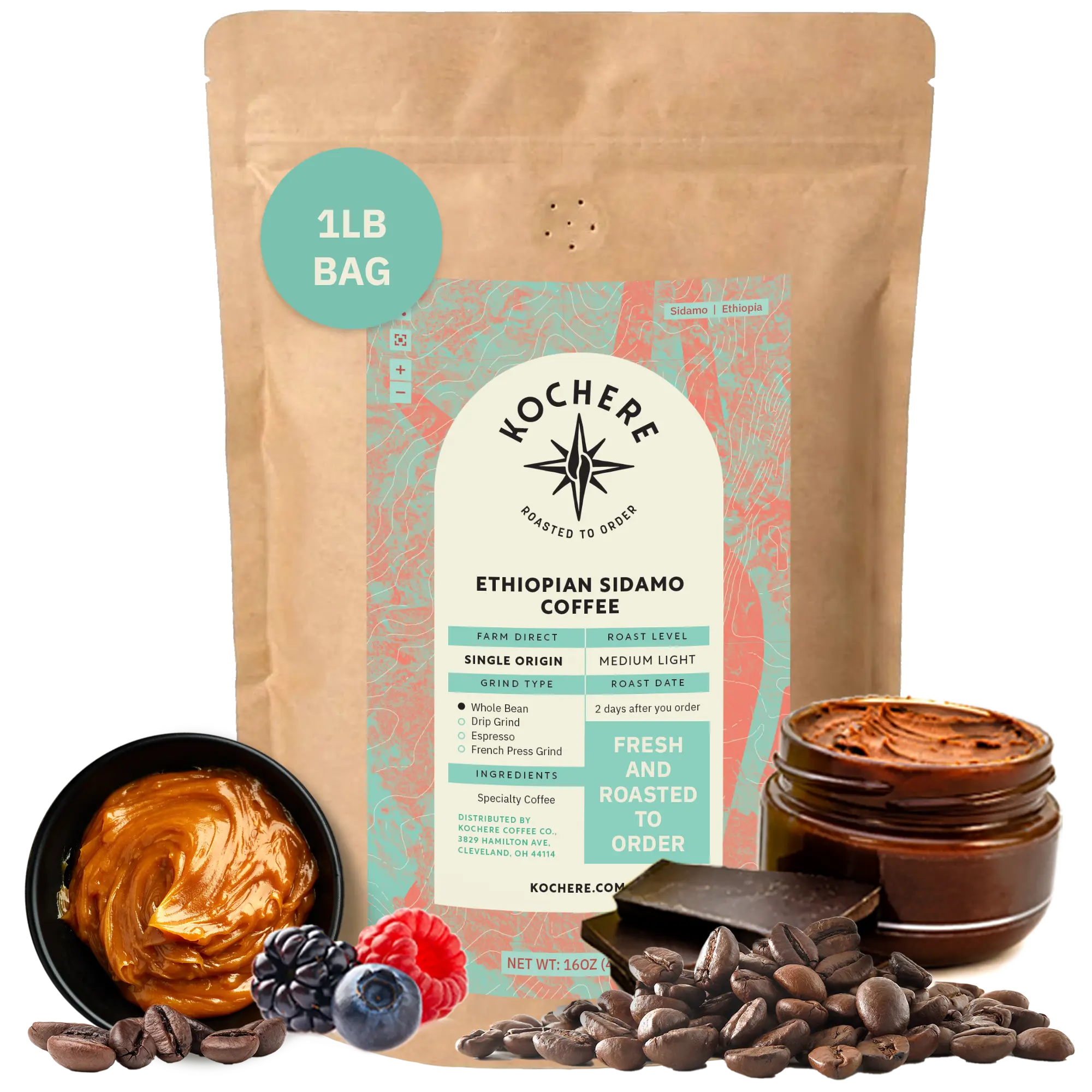 Kochere Coffee Ethiopian Sidamo Natural Medium-Light Roast - Milk Chocolate, Fruity Notes