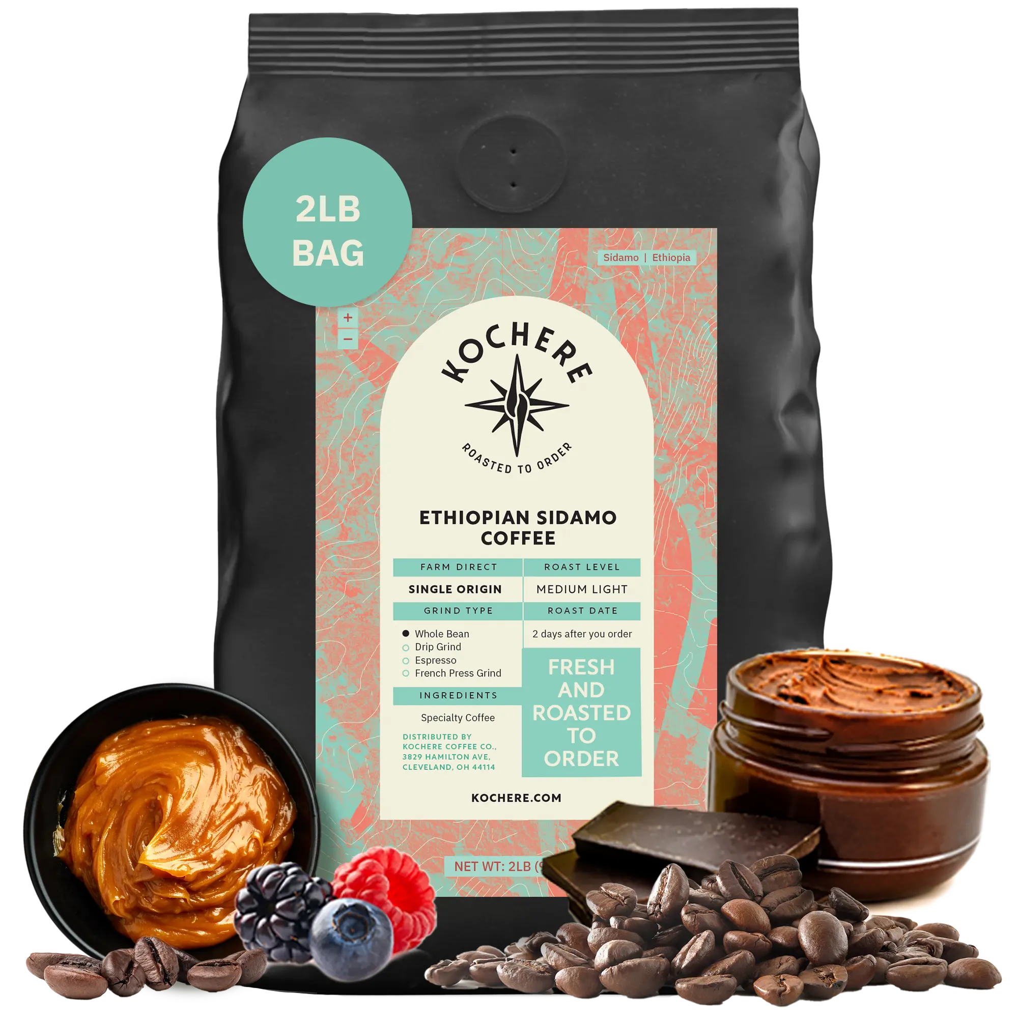Kochere Coffee Ethiopian Sidamo Natural Medium-Light Roast - Milk Chocolate, Fruity Notes