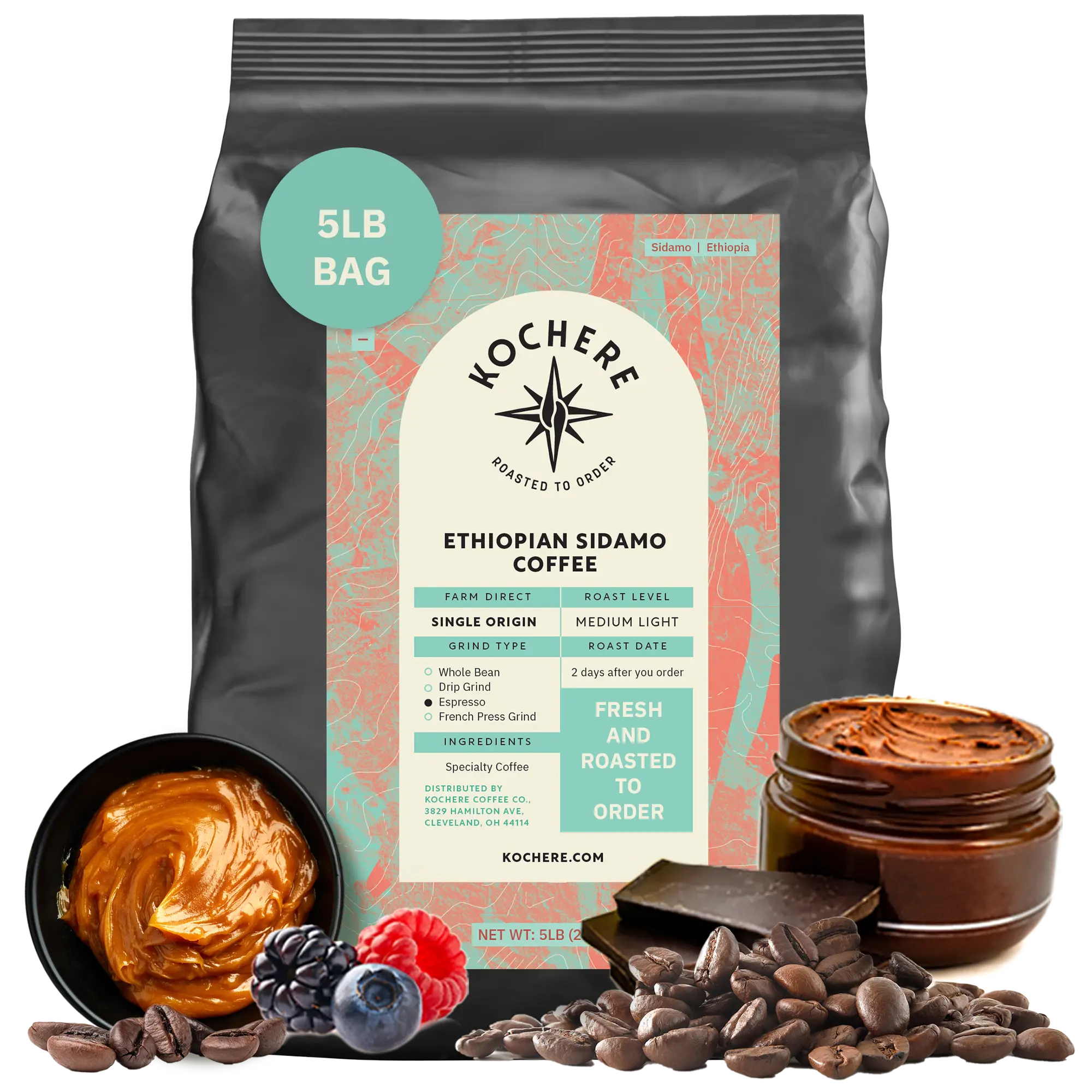 Kochere Coffee Ethiopian Sidamo Natural Medium-Light Roast - Milk Chocolate, Fruity Notes