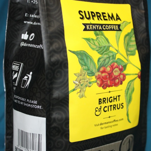 Side packaging view of Dormans Suprema Kenya Coffee fine grind coffee bag