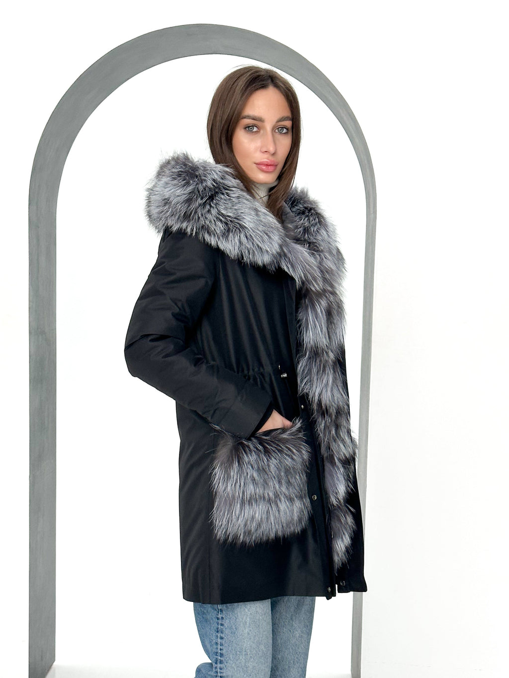 Roma Genuine Silver Fox Fur Rabbit Fur Insulated Parka in Black