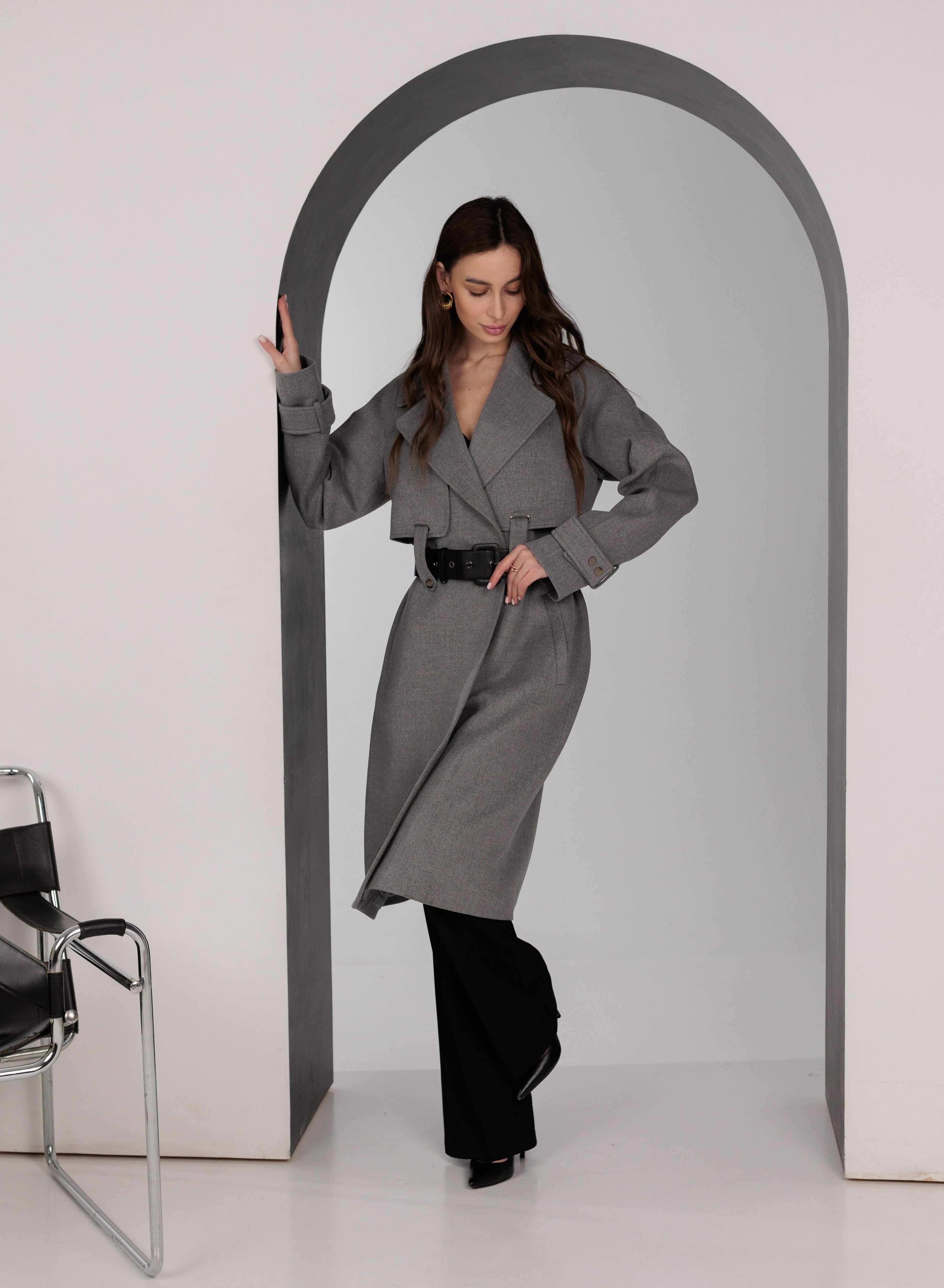 Karina Belted Wool Cashmere Blend Overcoat in Grey