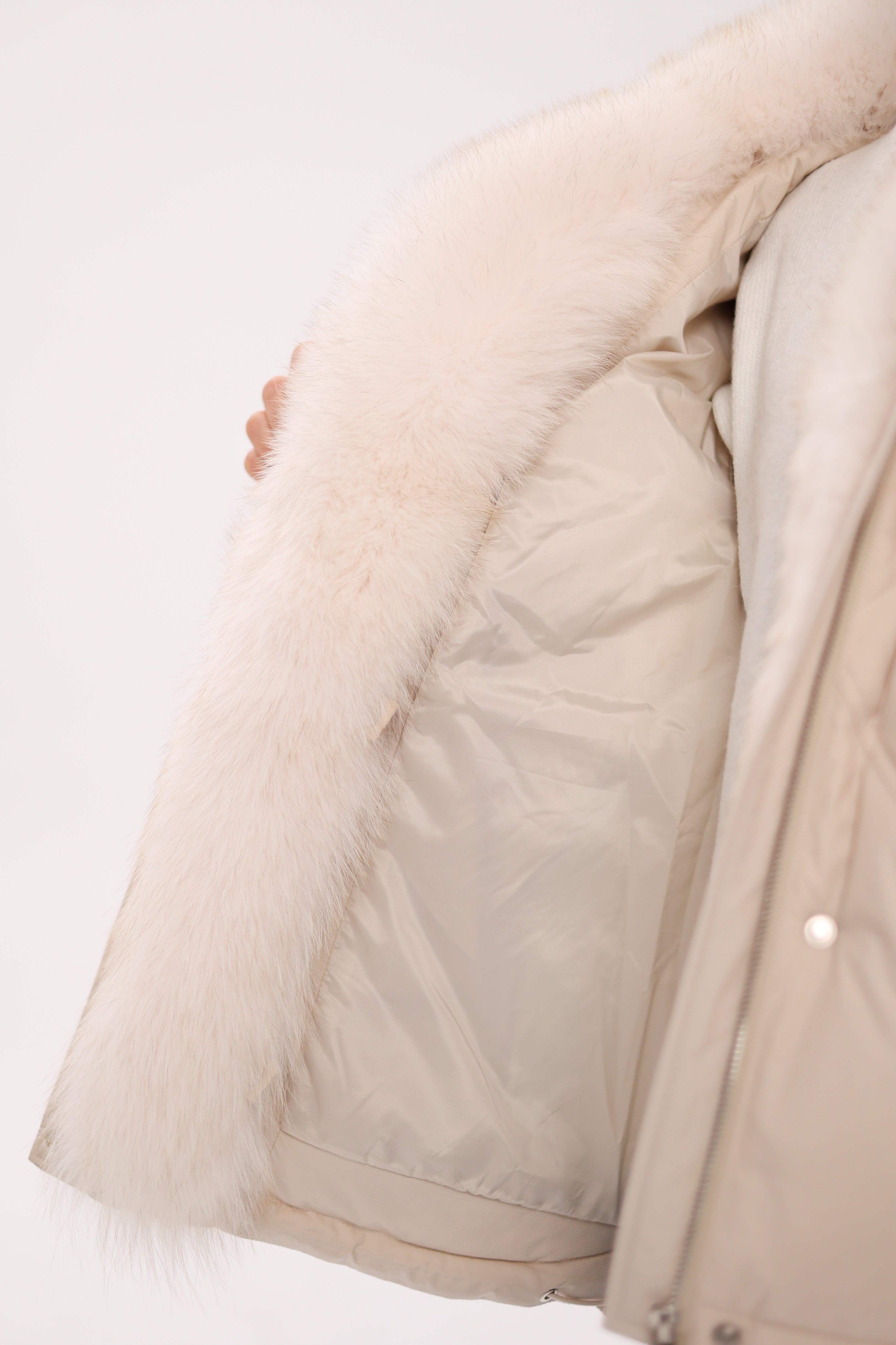 Genuine Polar Fox Fur Down Insulated Parka in Ivory
