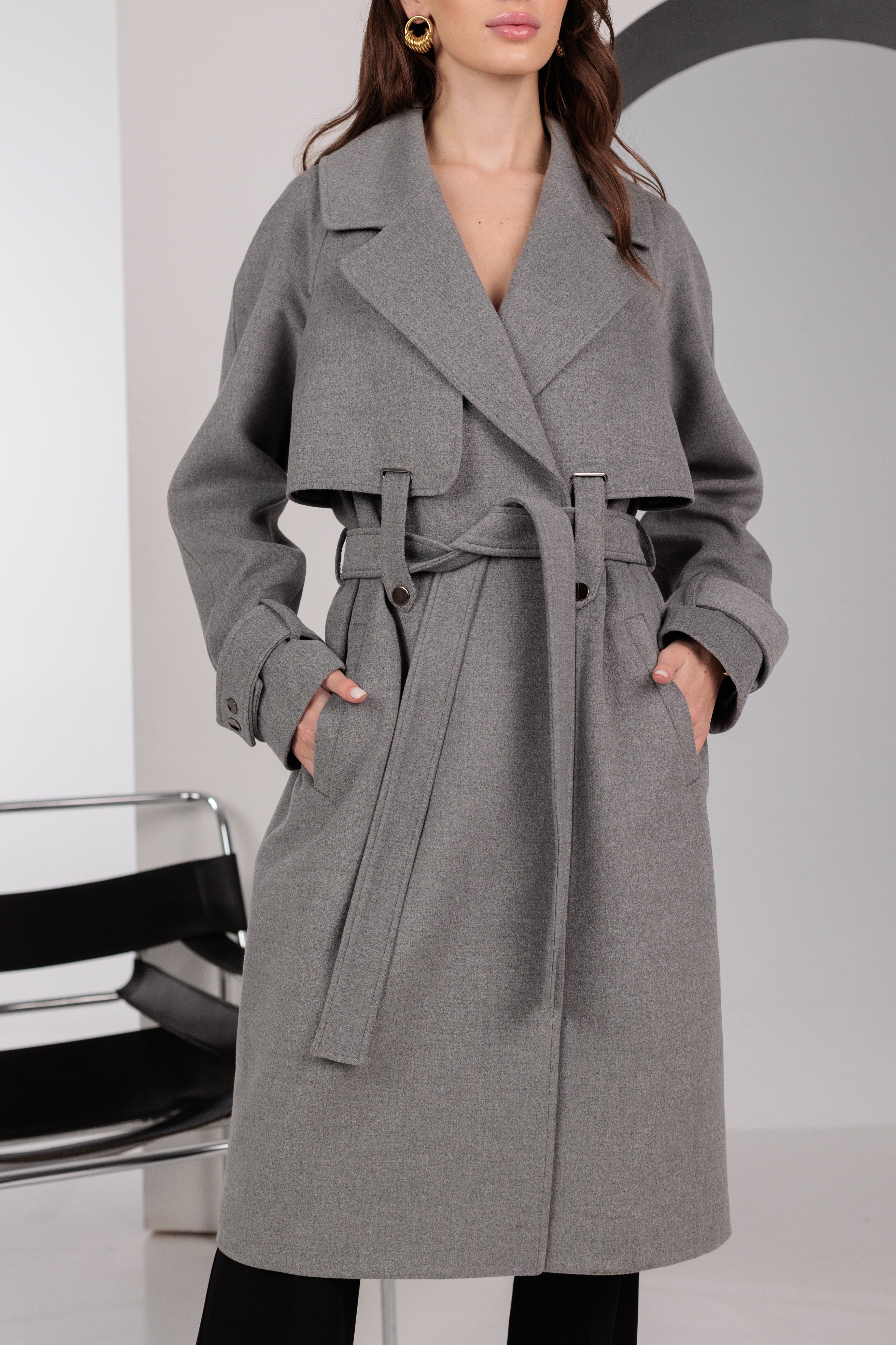Karina Belted Wool Cashmere Blend Overcoat in Grey