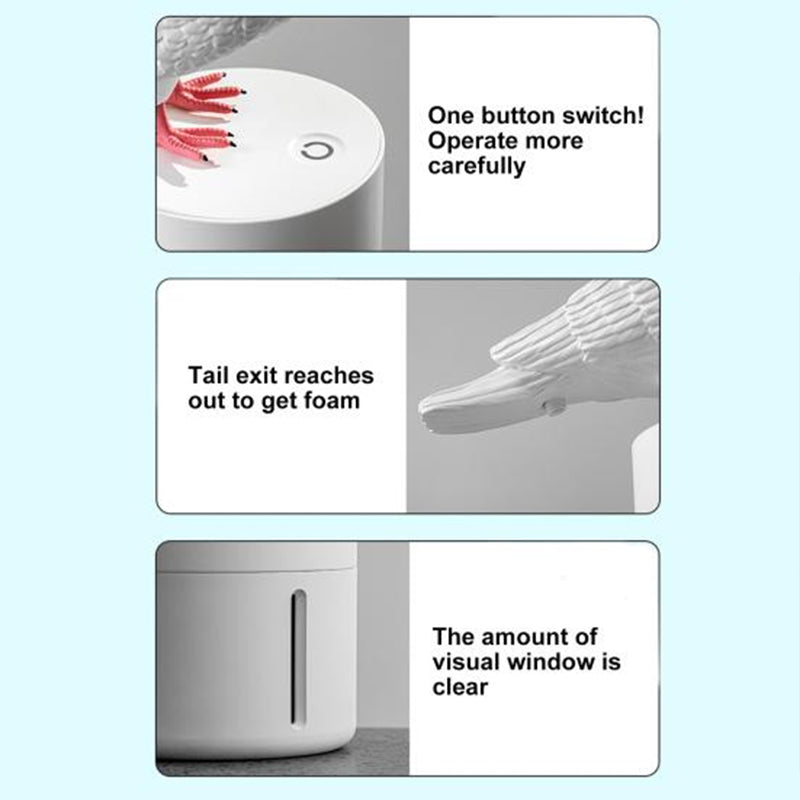 Pigeon-shaped auto sensor foam dispenser. Touchless, fine foam.