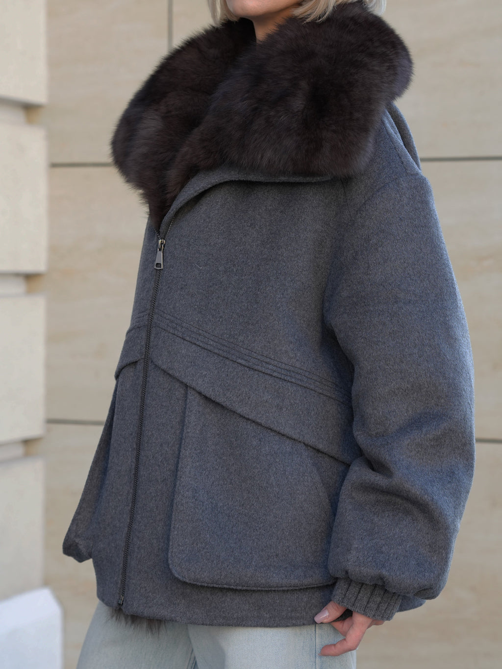 Rimini Genuine Fur Trim Wool Blend Parka in Graphite