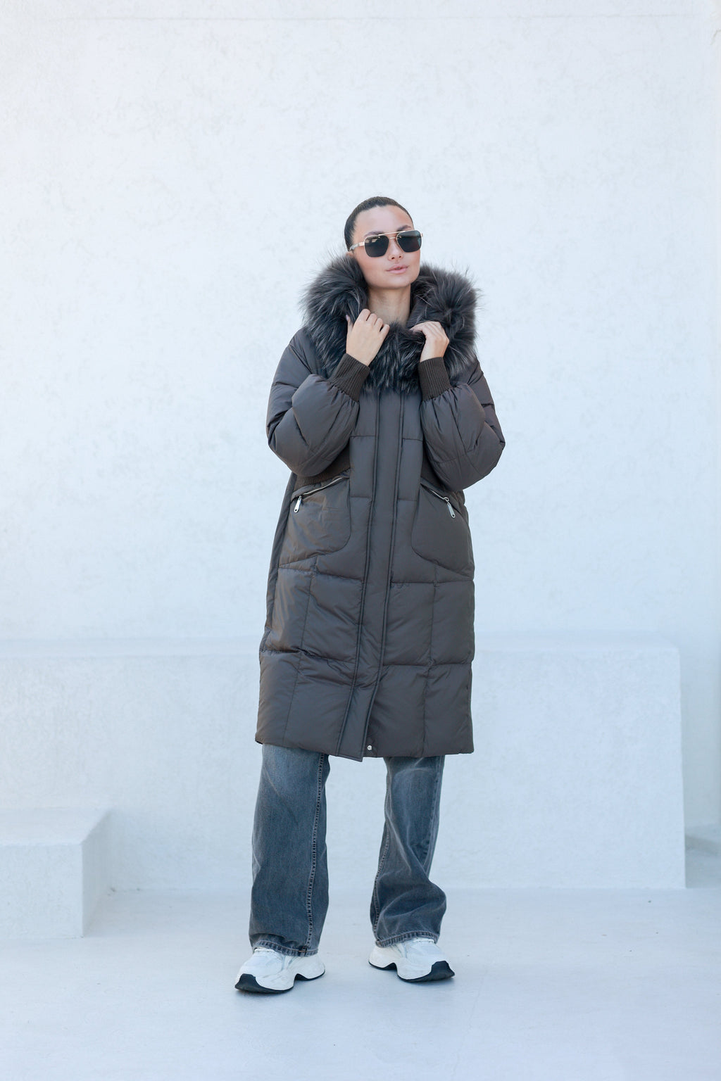 Lauren Genuine Fur Trim Down Fill Coat in Tobacco