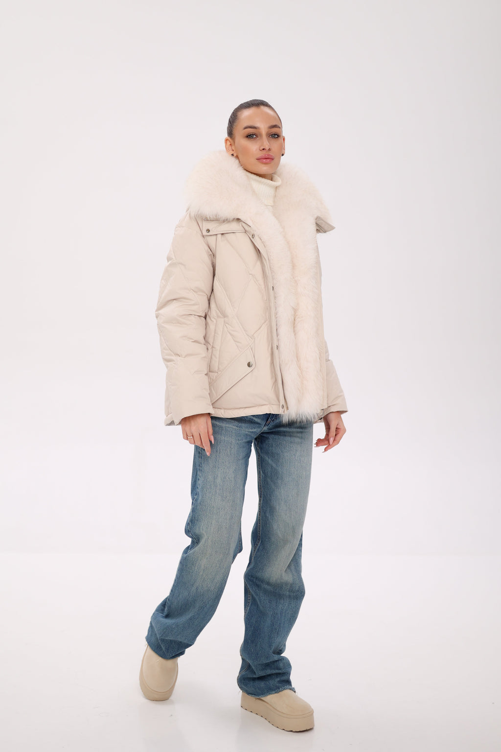 Genuine Polar Fox Fur Down Insulated Parka in Ivory