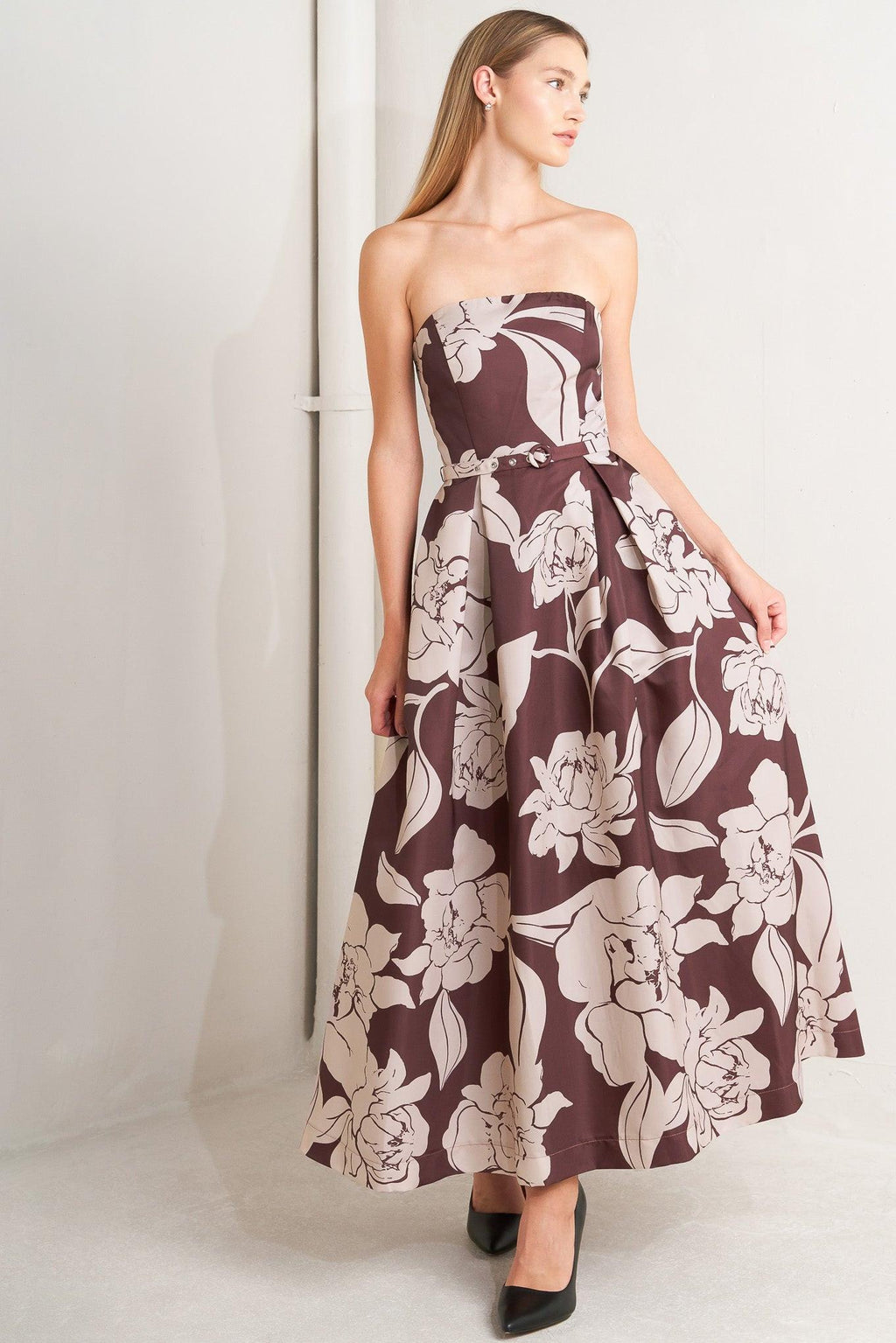 VINTAGE BLOOM STRAPLESS WOVEN MIDI DRESS