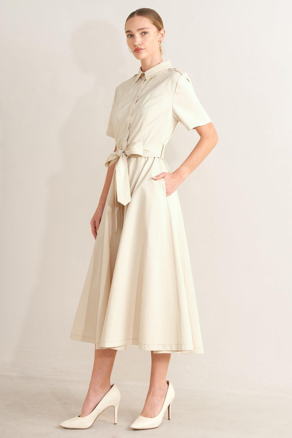 SANDSTONE GRACE WOVEN MIDI SHIRT DRESS