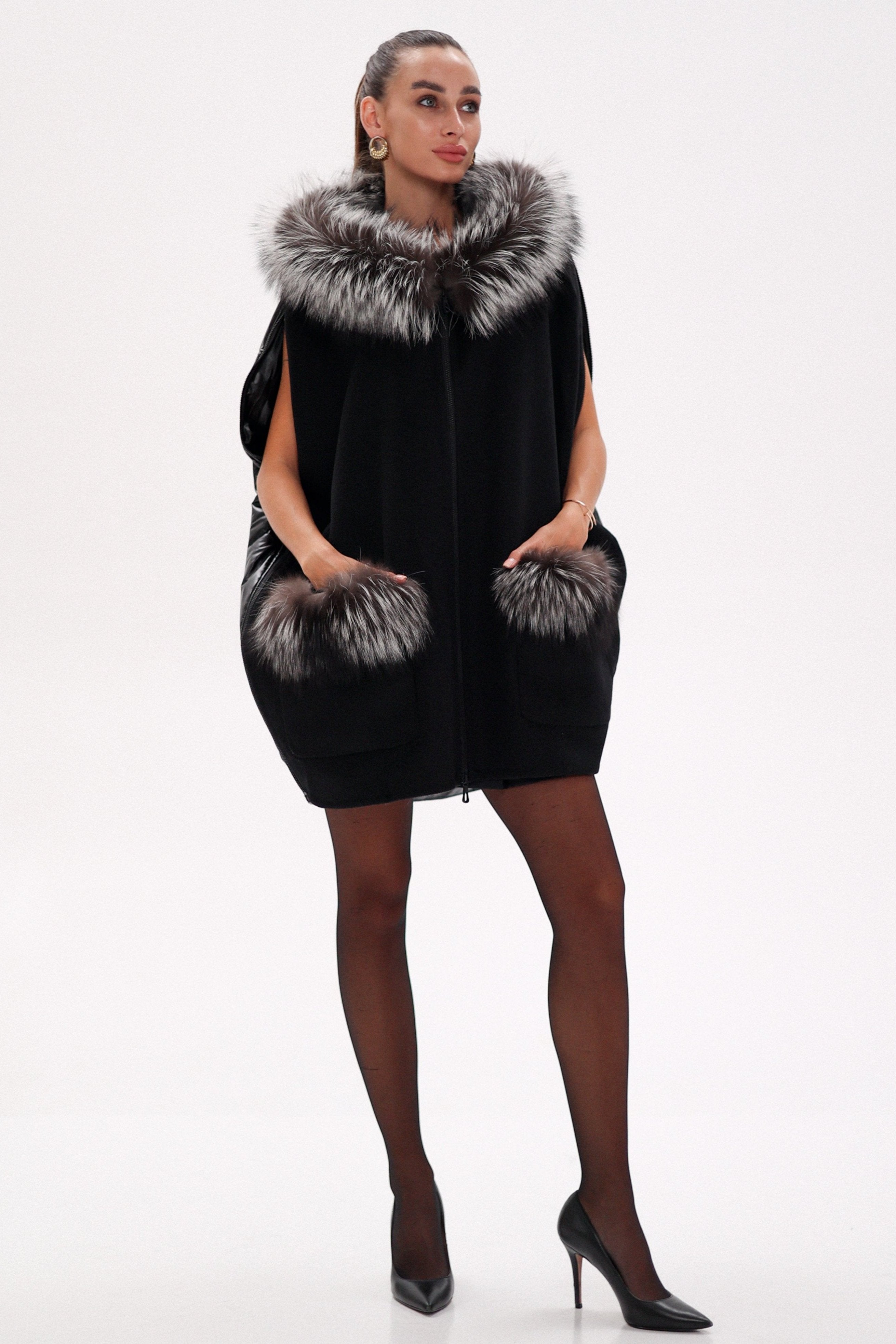 Saga®Furs Silver Fox Wool Alpaca Poncho Vest in Black