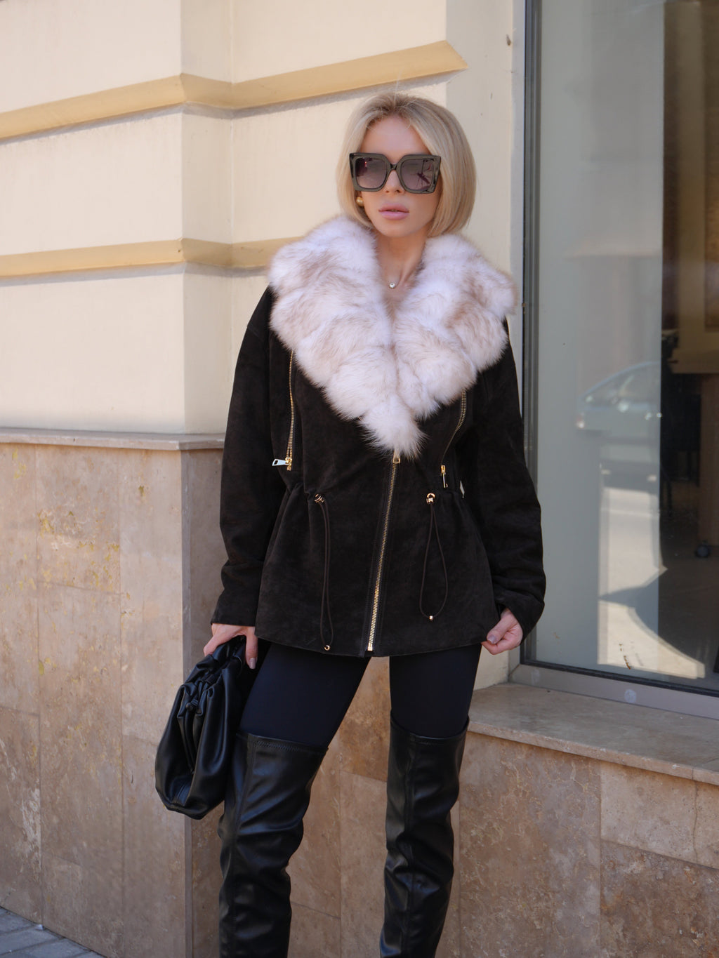 Vivienne Genuine Suede Polar Fox Trim Coat in Cognac
