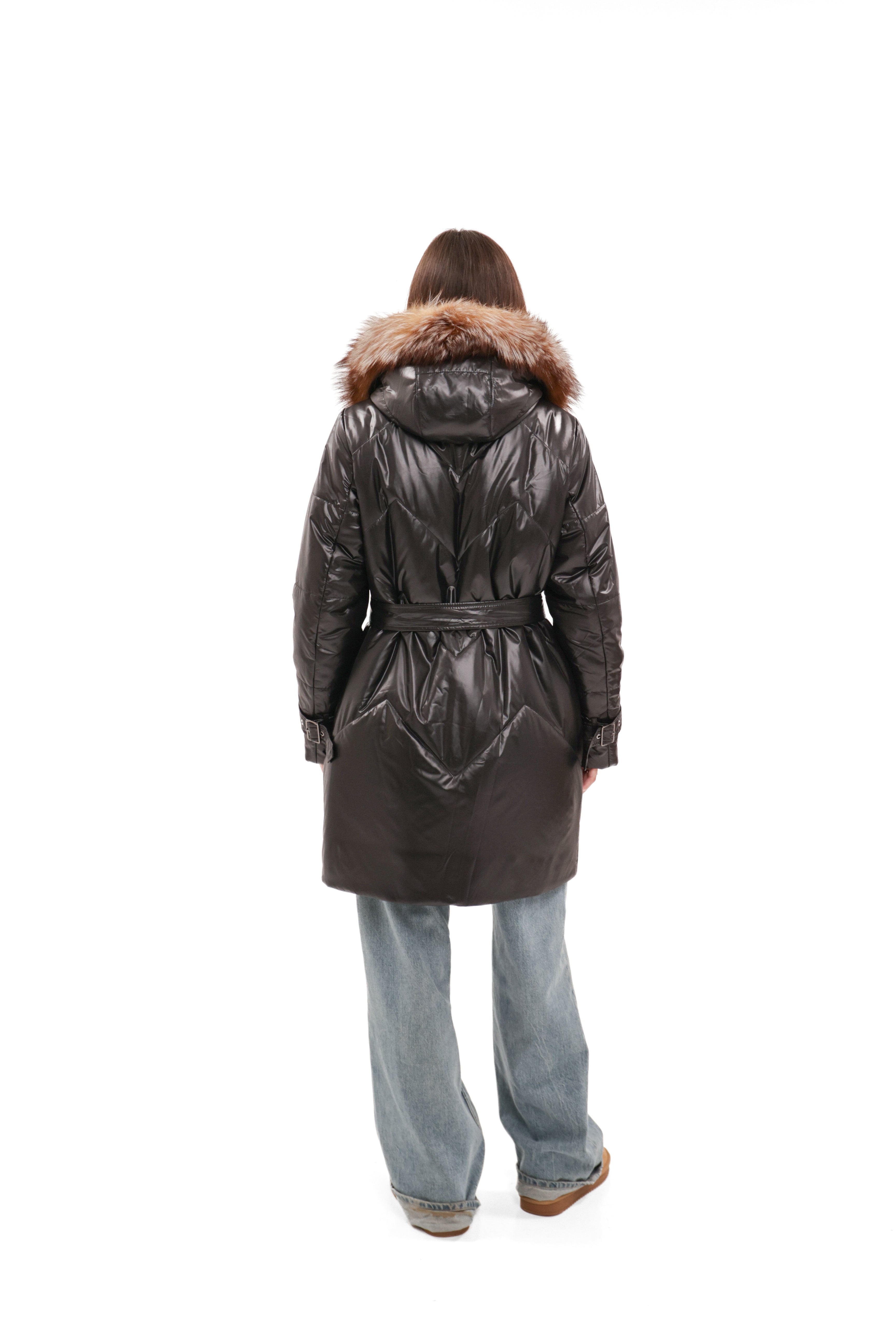 Genuine Fox Fur Trim Mid Length Coat