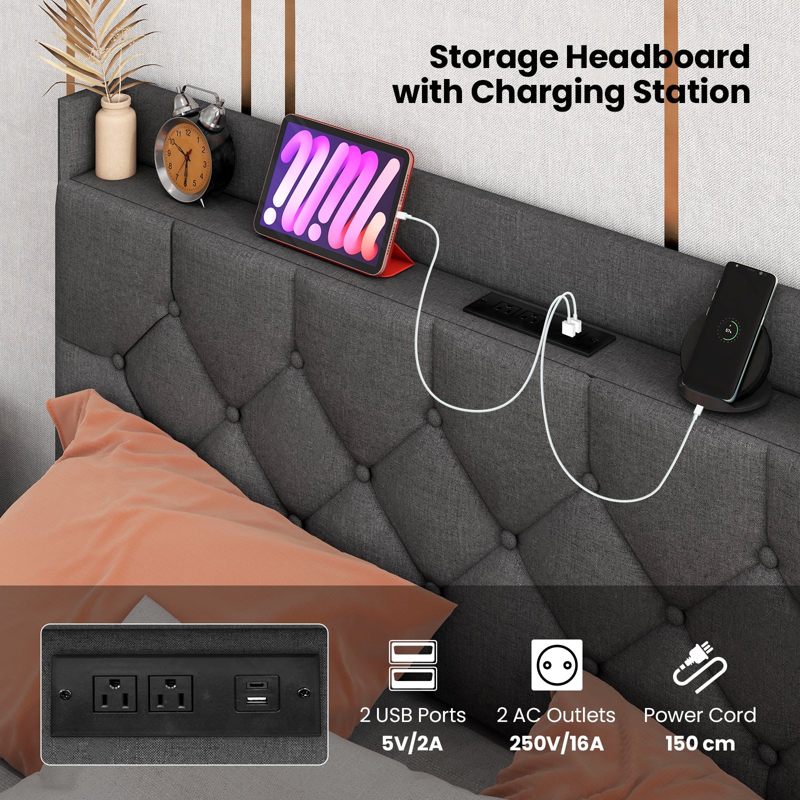 Full/Queen Size Floating Bed Frame with LED and Headboard and Charging Station
