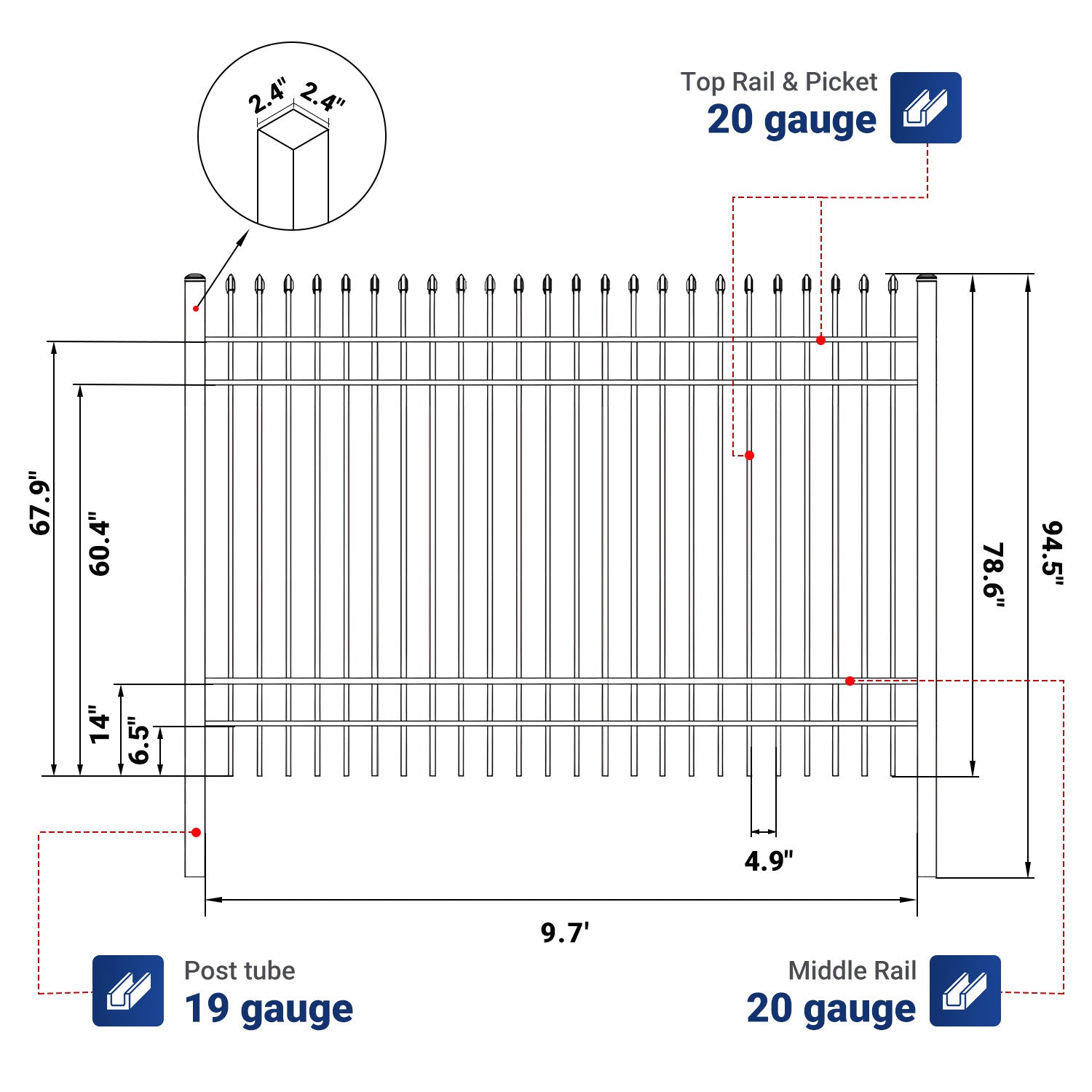 10x7 ft Steel Fence with 4 Rails, 30 Panels
