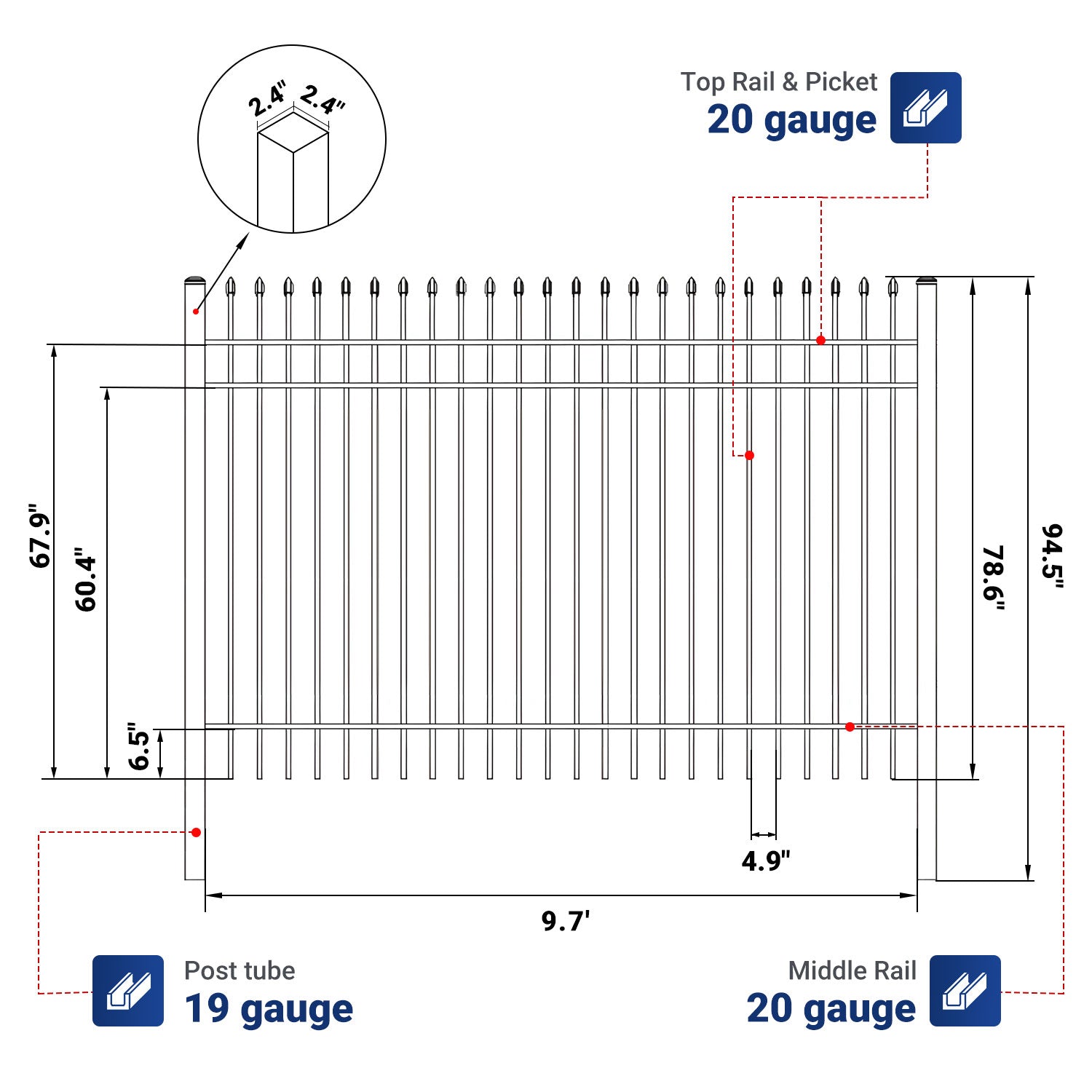 10x7 ft Steel Fence with 3 Rails, 30 Panels