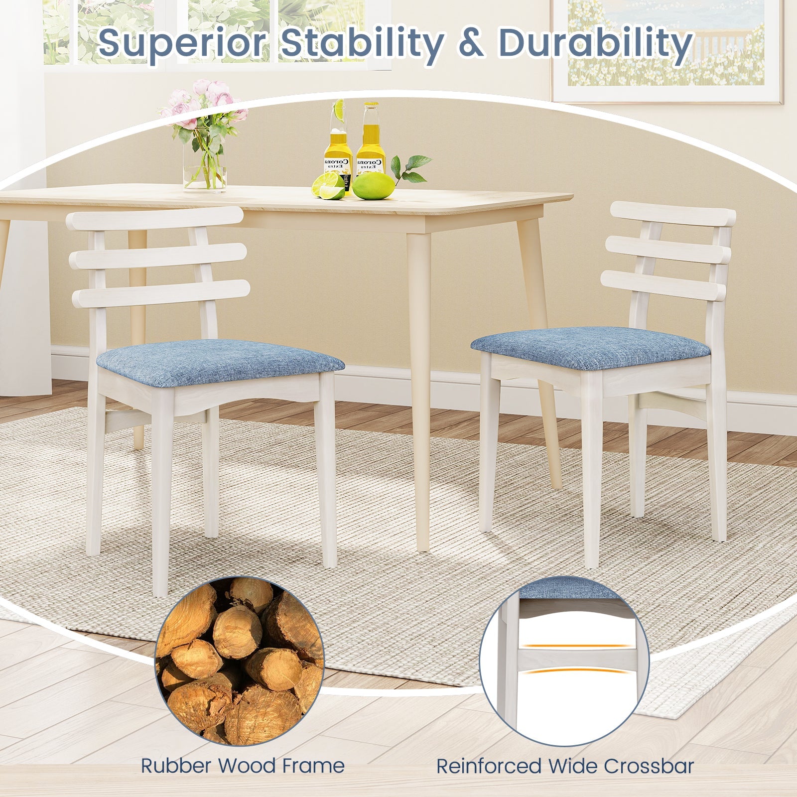 Fabric Kitchen Side Chairs with Rubber Wood Frame and Padded Seat-White