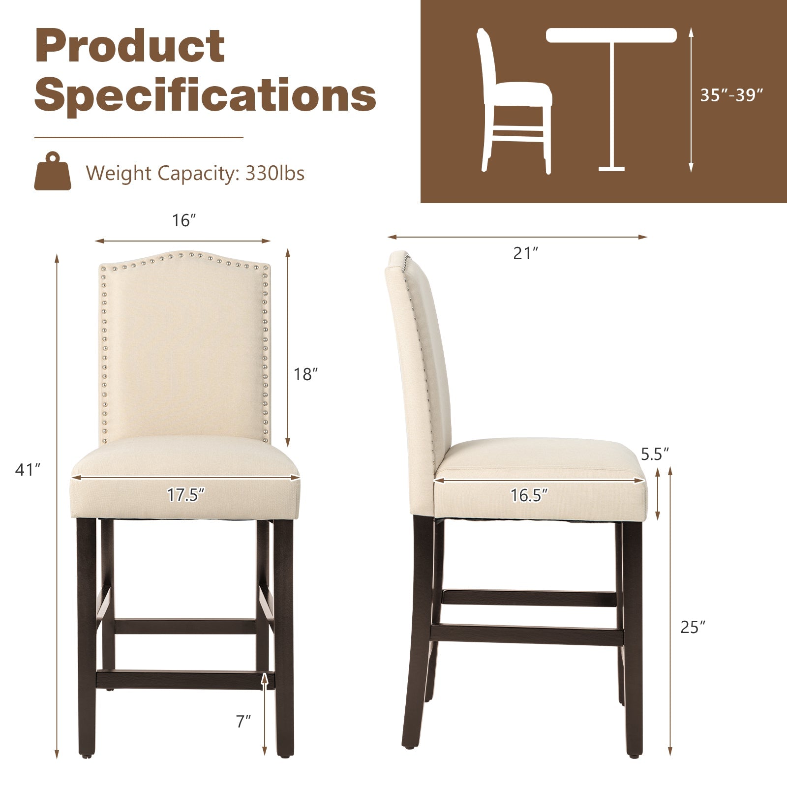 2 Pcs Fabric Nail Head Counter Height Dining Side Chairs Set