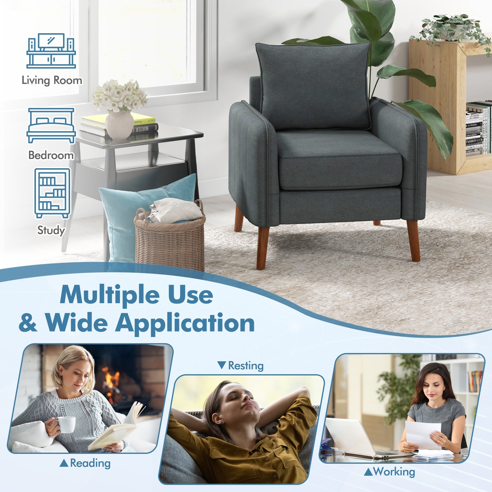 Fabric Upholstered Sofa Chair with Removable Back and Seat Cushions-Gray