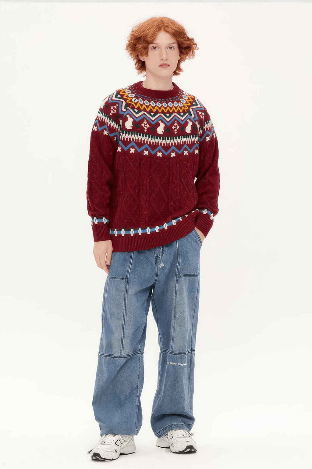 Fair Isle Red Holiday Knit Sweater - Cozy Oversized Pullover for Festive Vibes