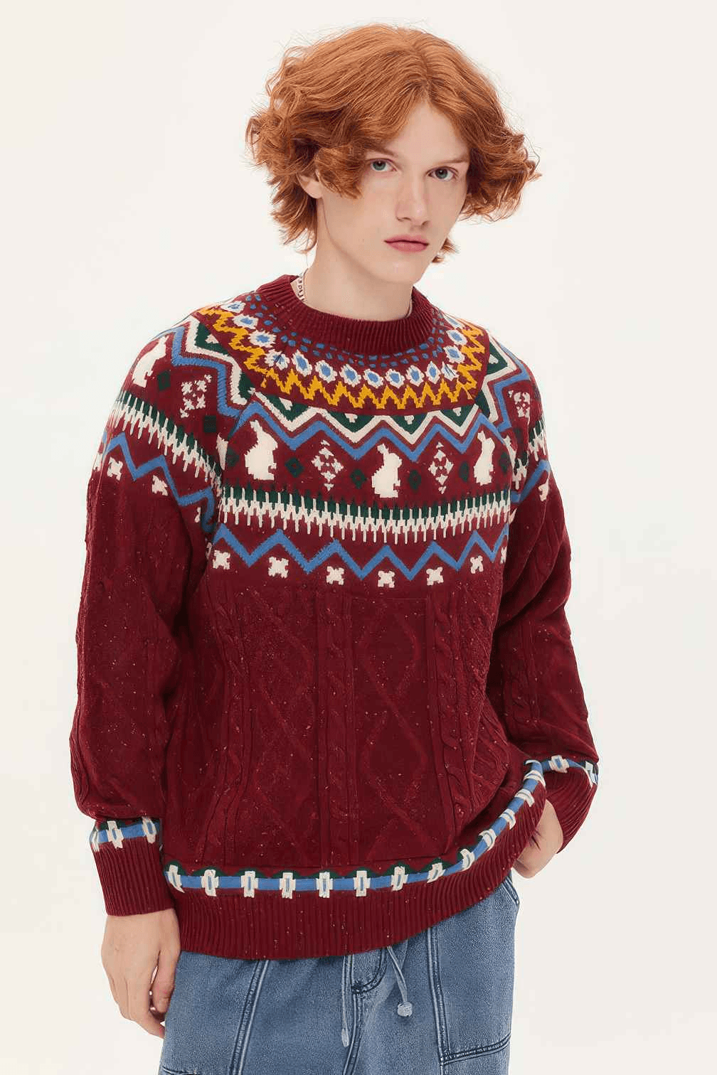 Fair Isle Red Holiday Knit Sweater - Cozy Oversized Pullover for Festive Vibes