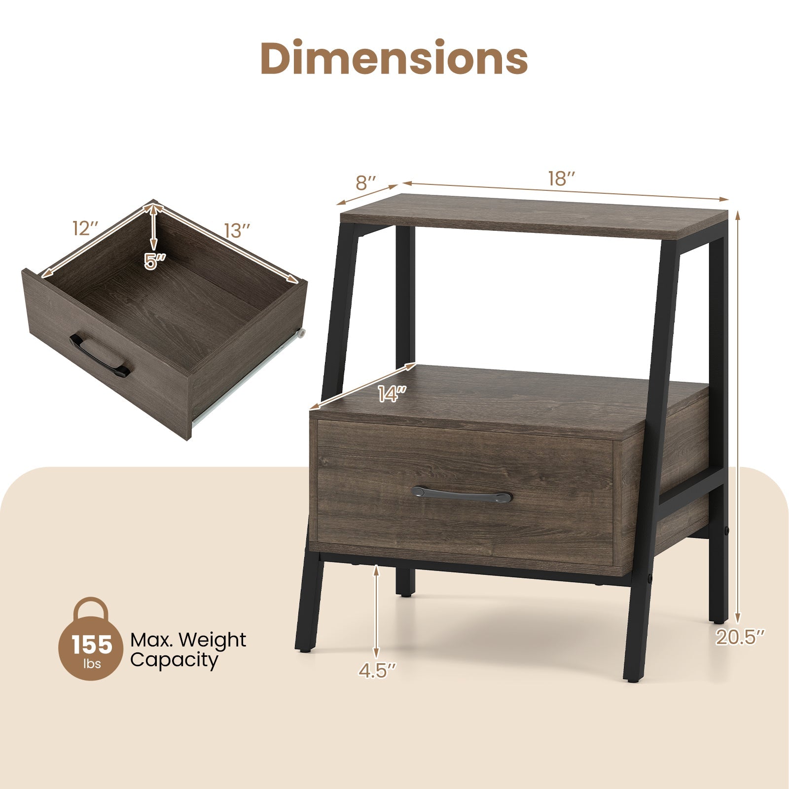 3-Tier Farmhouse Nightstand with Open Shelf