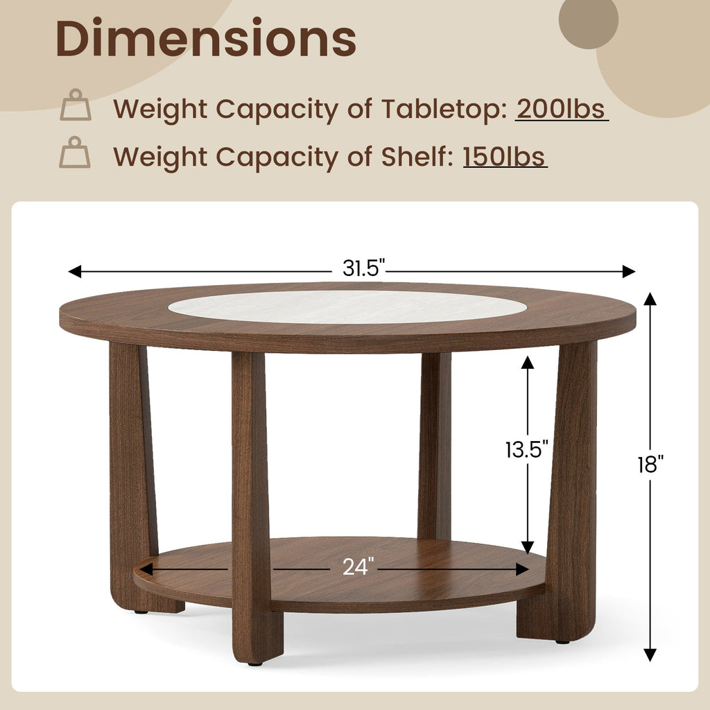 Farmhouse Accent Round Coffee Table with 2-Tone Tabletop and Open Storage Shelf for Living Room-Brown