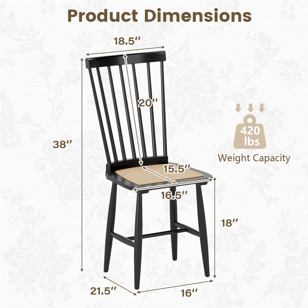 Farmhouse Solid Rubber Wood Dining Chairs Set of 2 with PE Rattan Seats-Black