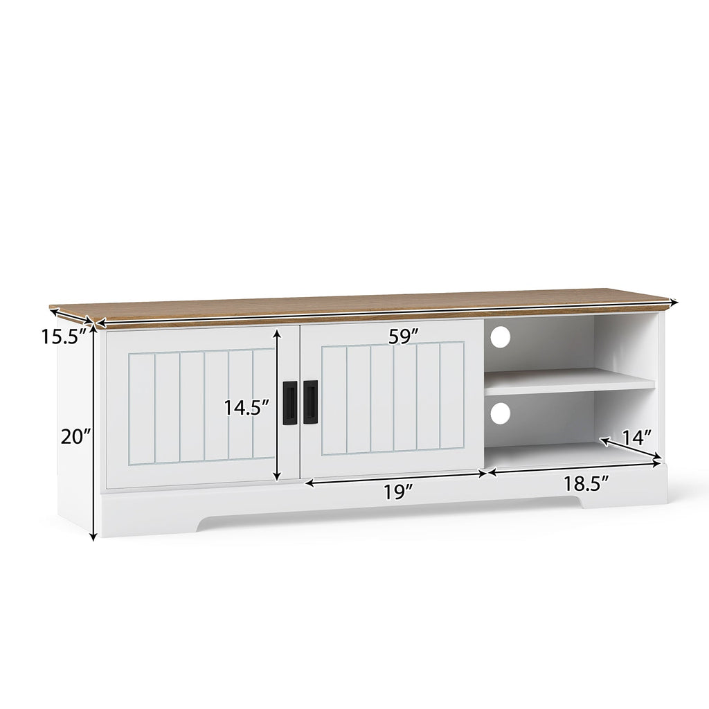 Farmhouse TV Stand for TVs up to 65 Inch with Sliding Doors and Storage Cabinets-White