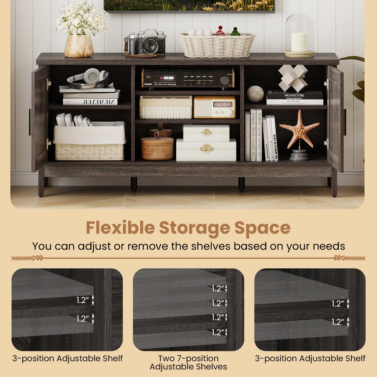 Farmhouse TV Stand for TVs up to 65 Inch Entertainment Center with 2 Storage Cabinets-Gray