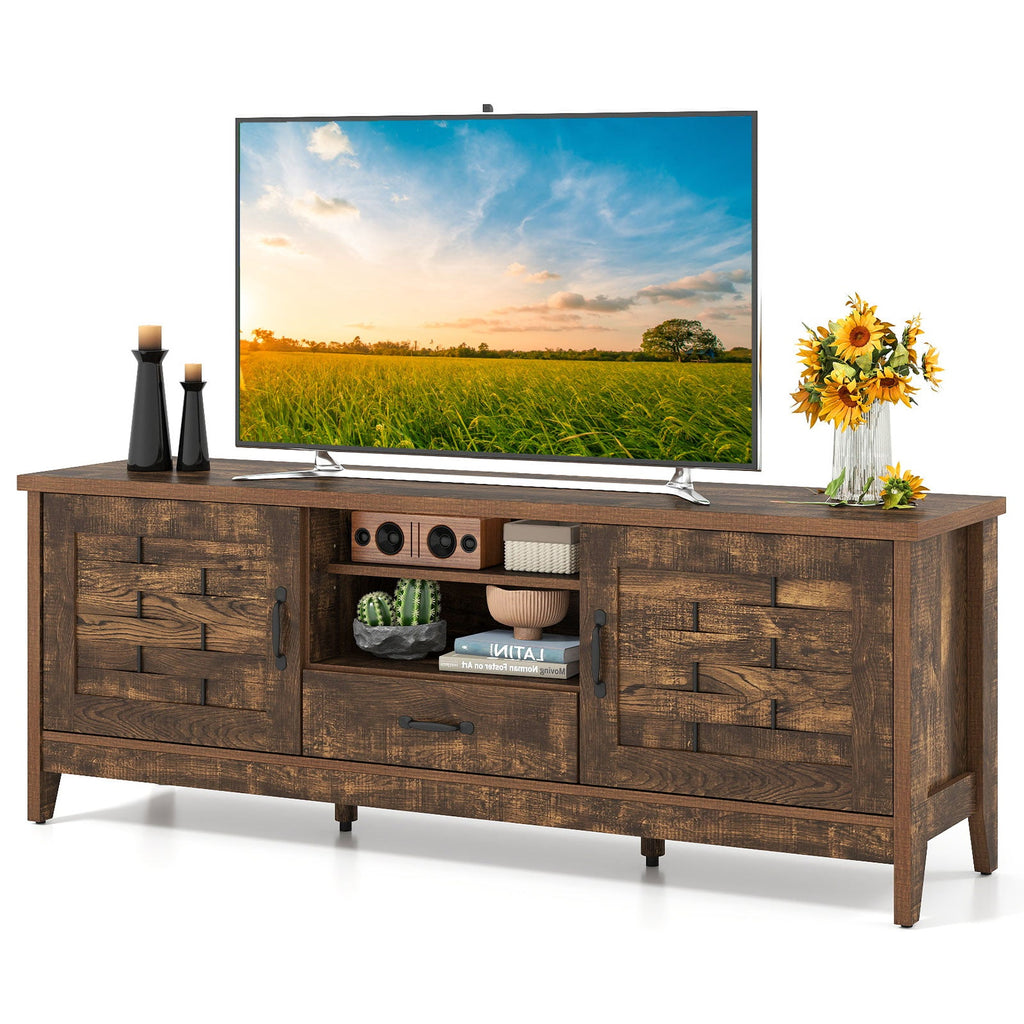 Farmhouse TV Stand for 65 Inch TVs with 2 Woven Accent Doors and 3 Adjustable Shelves