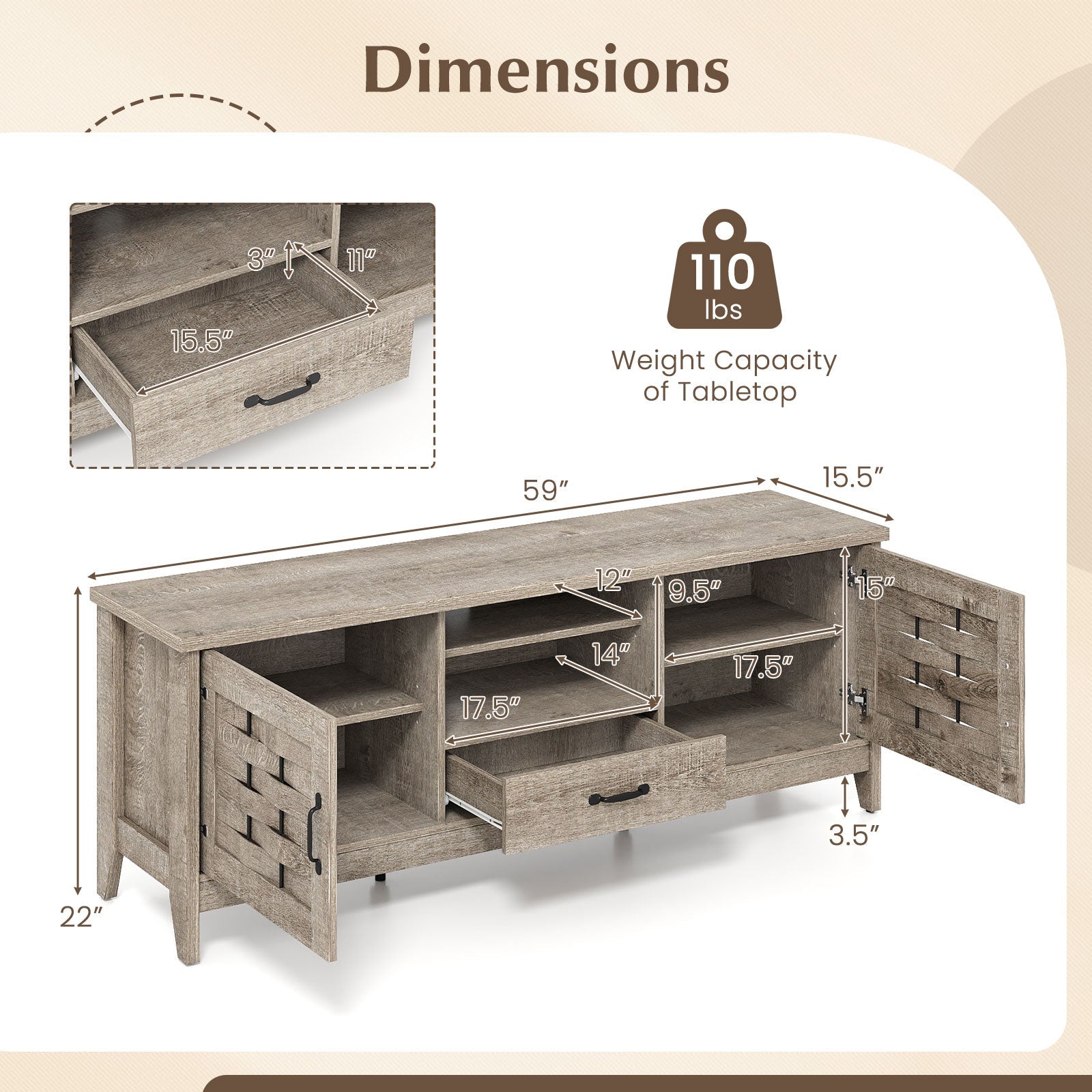 Farmhouse TV Stand for 65 Inch TVs with 2 Woven Accent Doors and 3 Adjustable Shelves