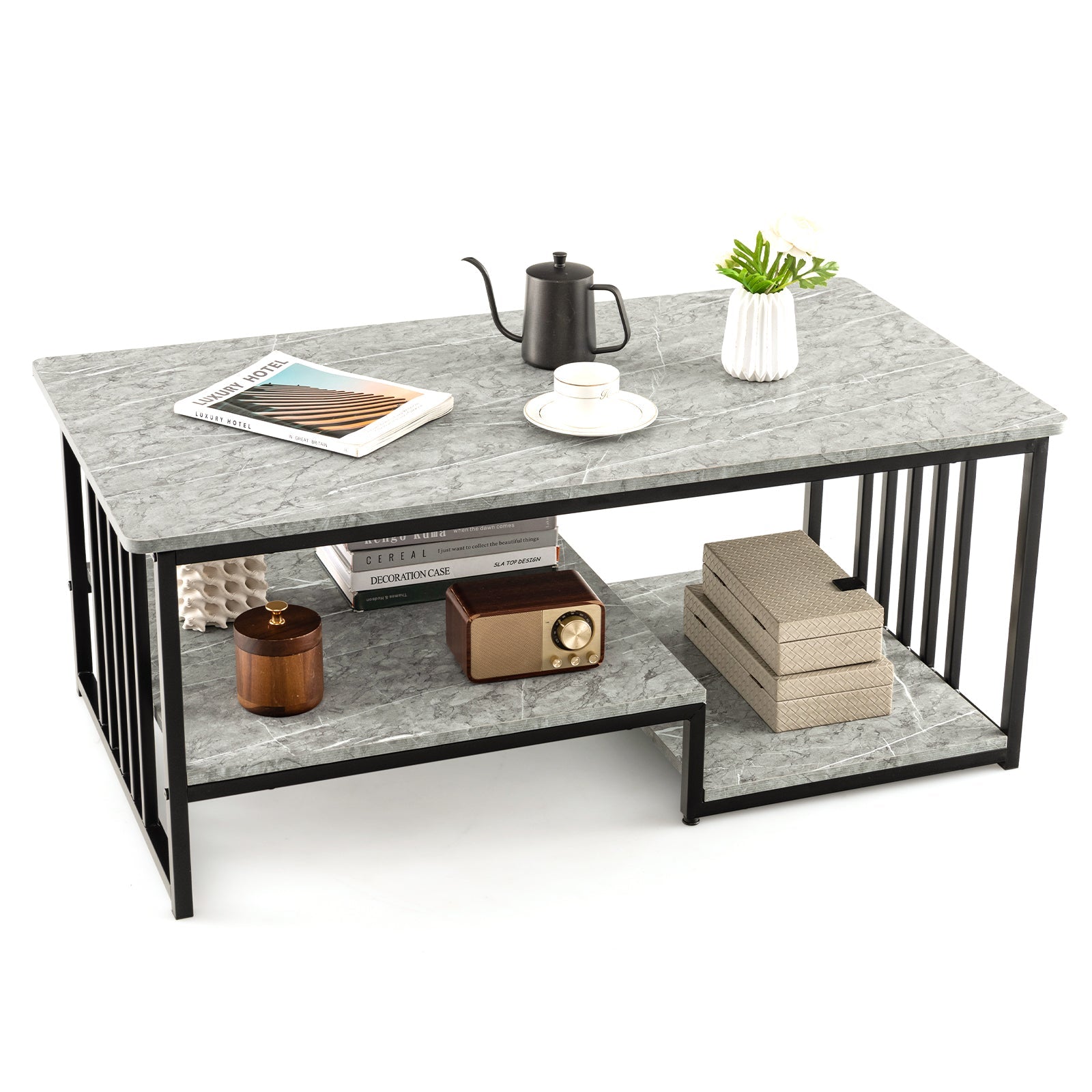 Faux Marble Coffee Table with Open Storage Shelf-Gray