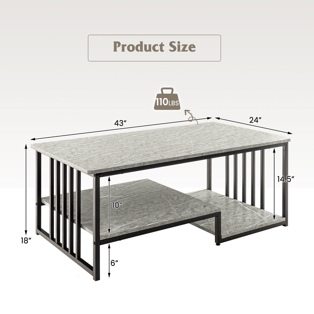 Faux Marble Coffee Table with Open Storage Shelf-Gray