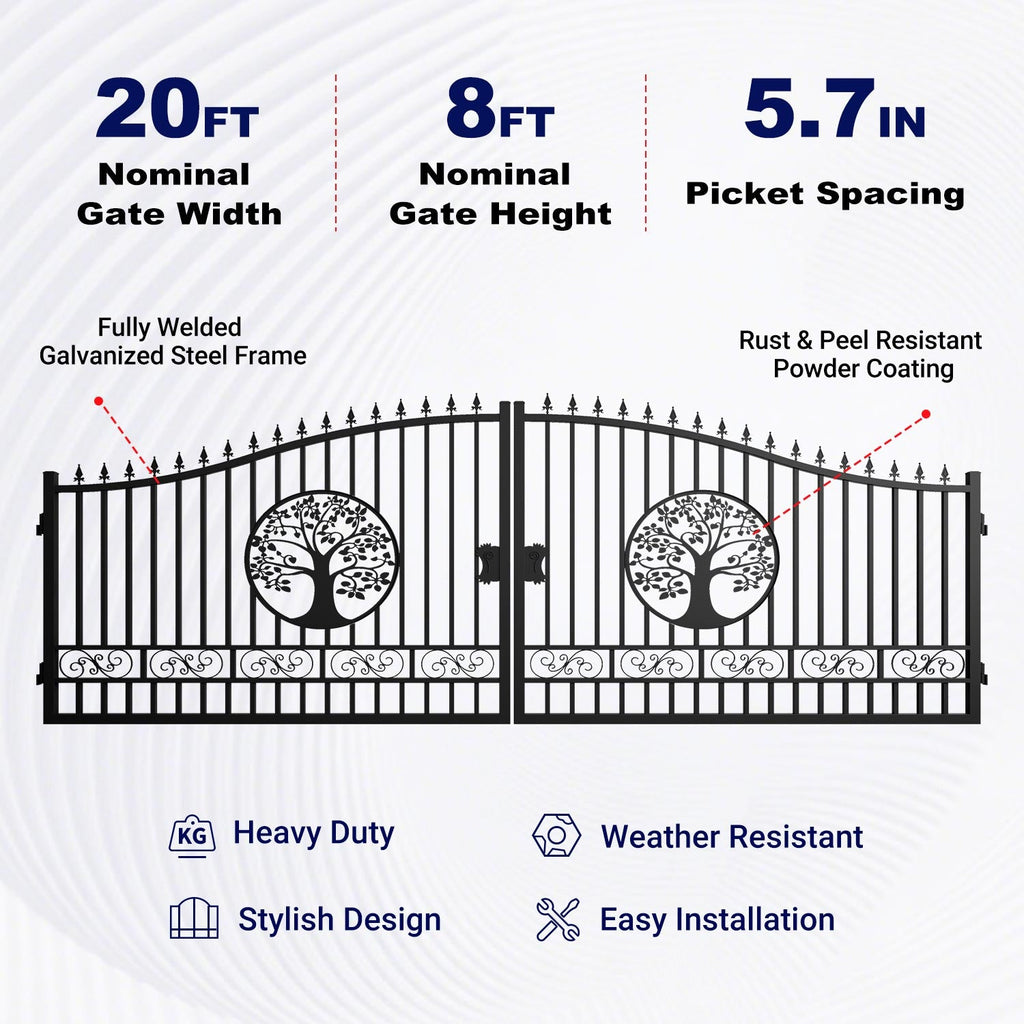 20x8 ft Steel Dual Swing Driveway Gate with Wider Goalposts