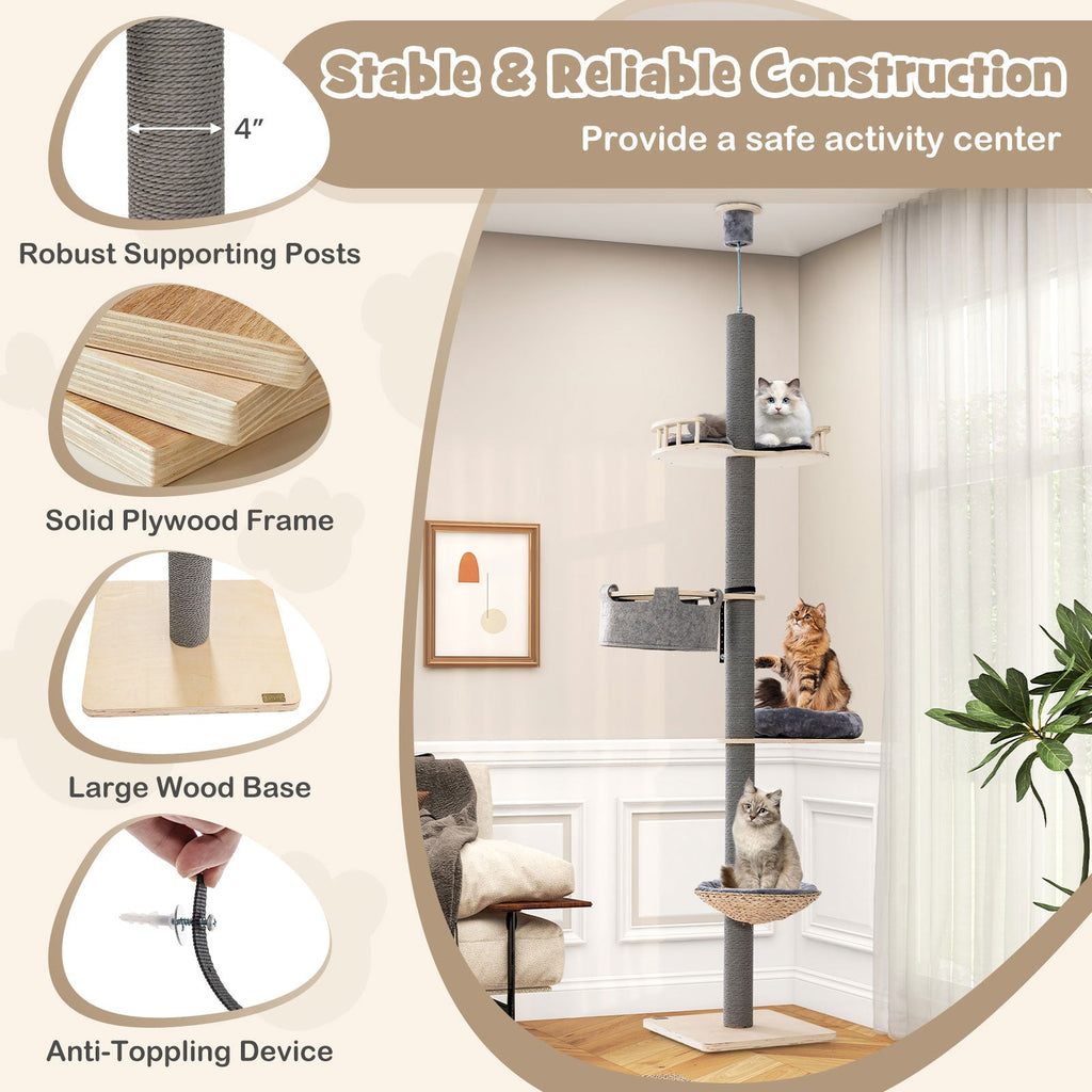 Floor to Ceiling Cat Tree with 93 Inch-107 Inch Adjustable Height-Gray